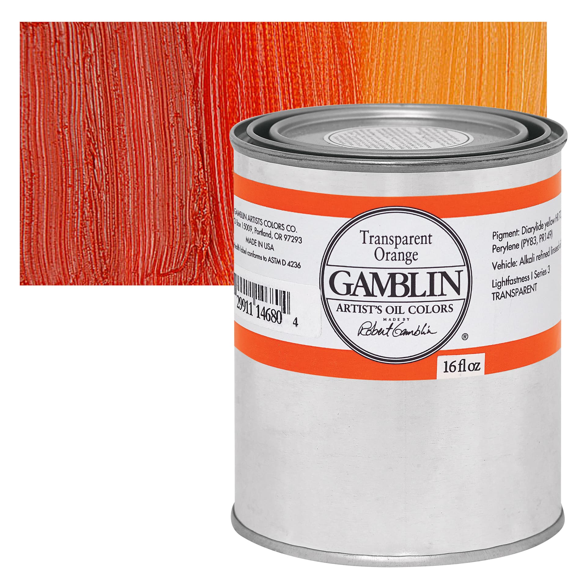 Gamblin Artist's Oil Color - Transparent Orange, 16 oz Can and swatch