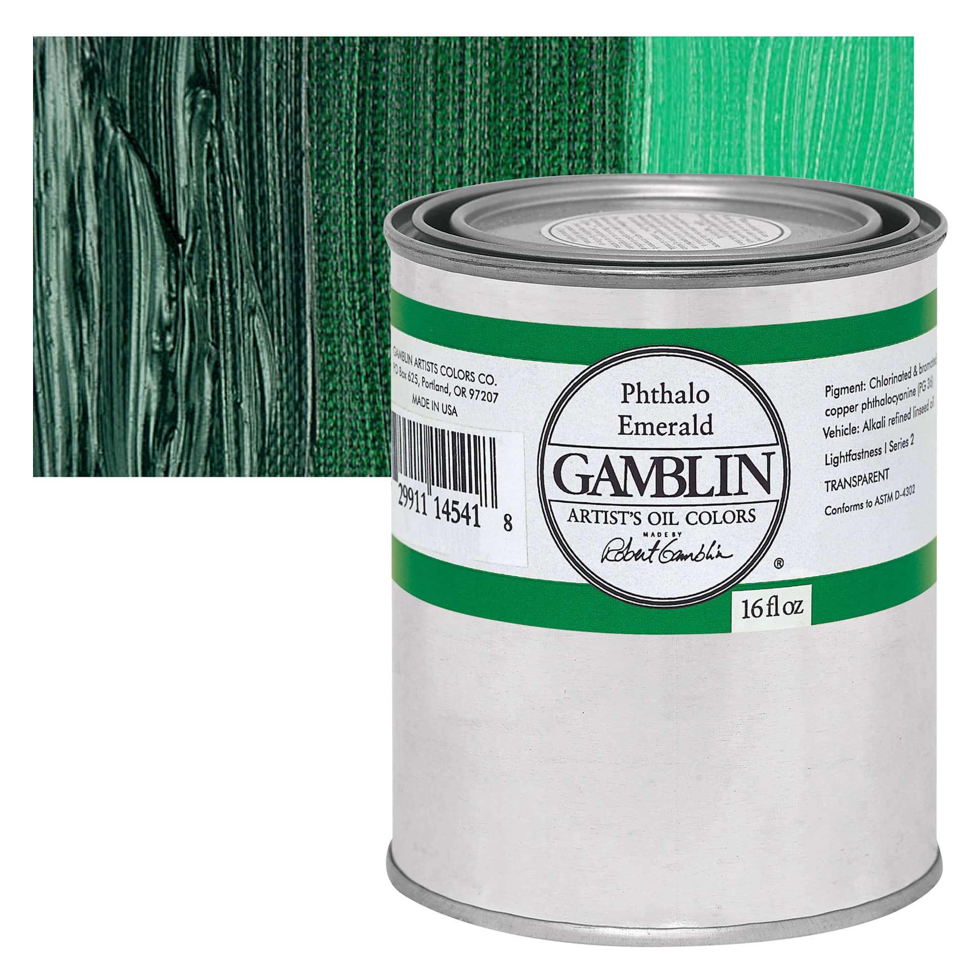 Gamblin Artist's Oil Color - Phthalo Emerald, 16 oz Can and swatch