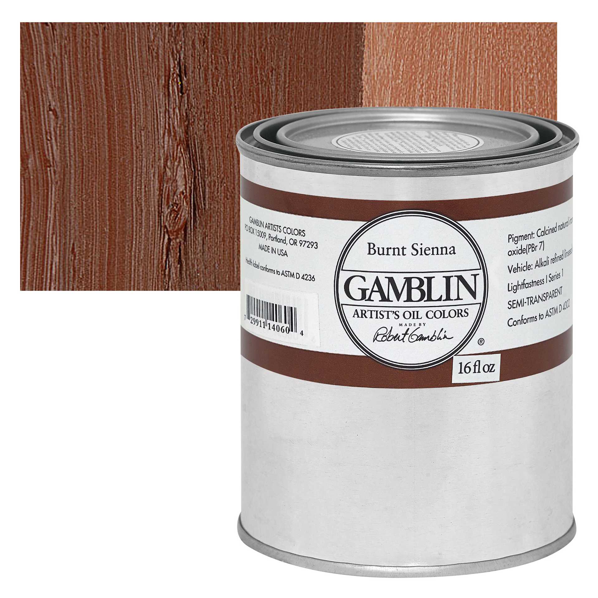 Gamblin Artist's Oil Color - Burnt Sienna, 16 oz Can and swatch