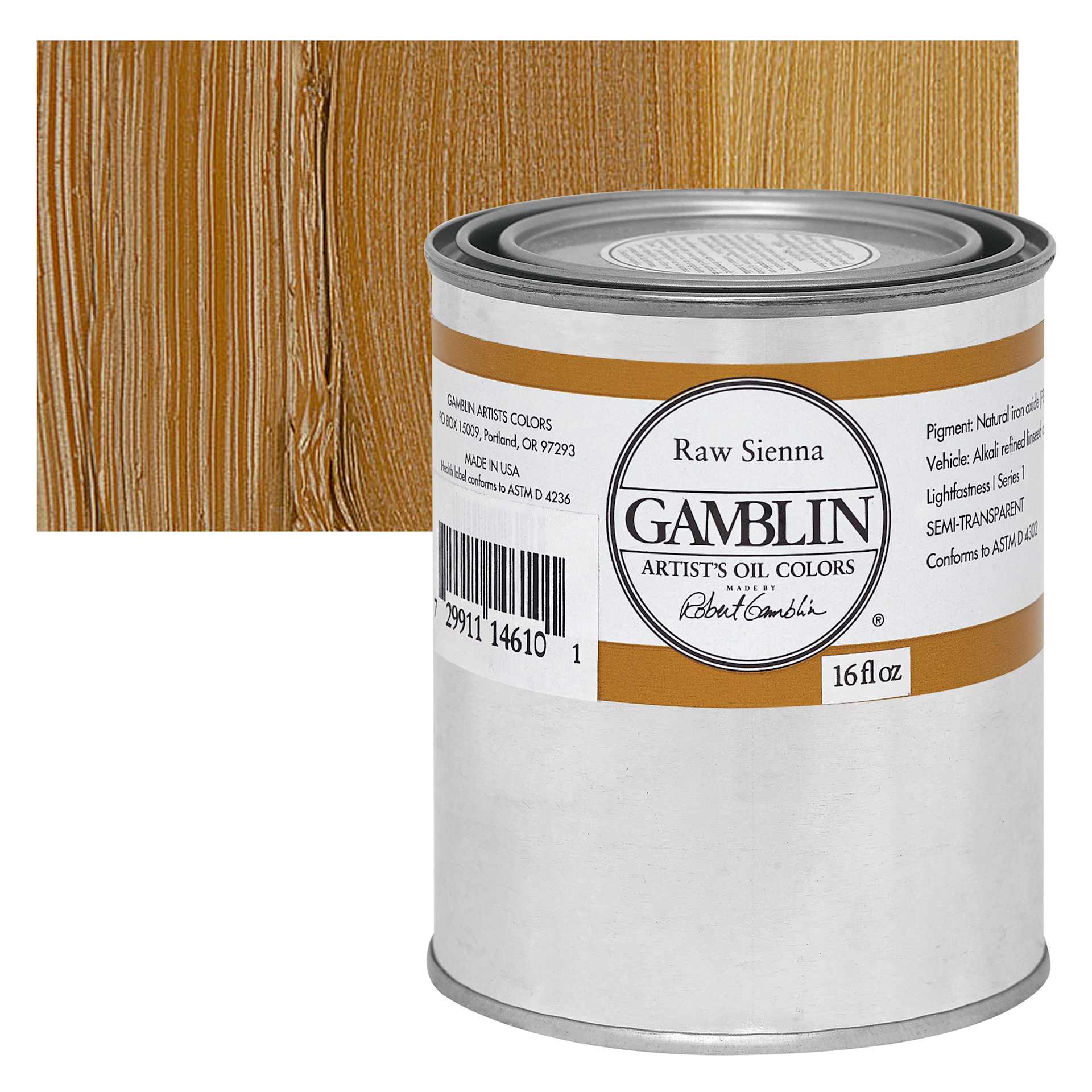 Gamblin Artist's Oil Color - Raw Sienna, 16 oz Can and swatch