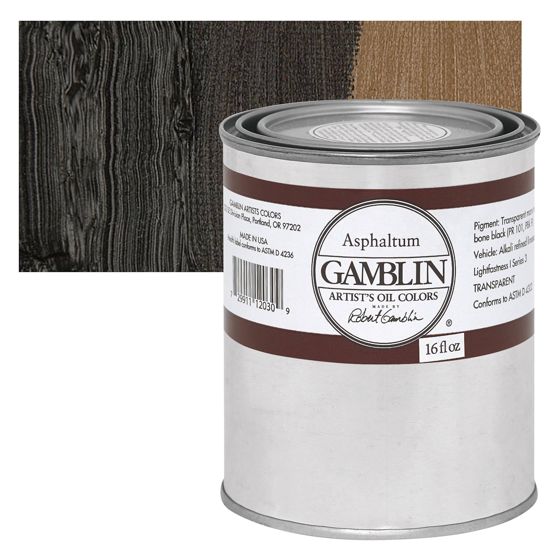 Gamblin Artist's Oil Color - Asphaltum, 16 oz Can and swatch