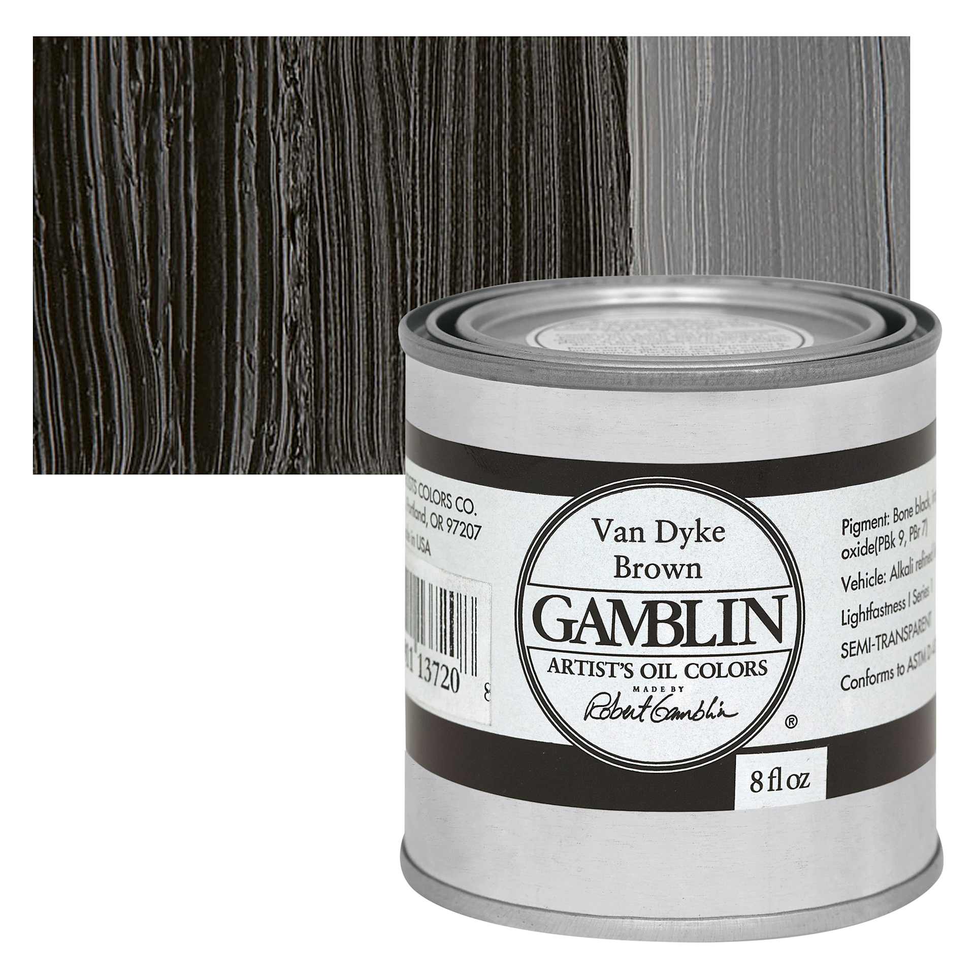 Gamblin Artist's Oil Color - Van Dyke Brown, 8 oz Can and swatch Gamblin Artist's Oil Color - Van Dyke Brown, 8 oz Can and swatch