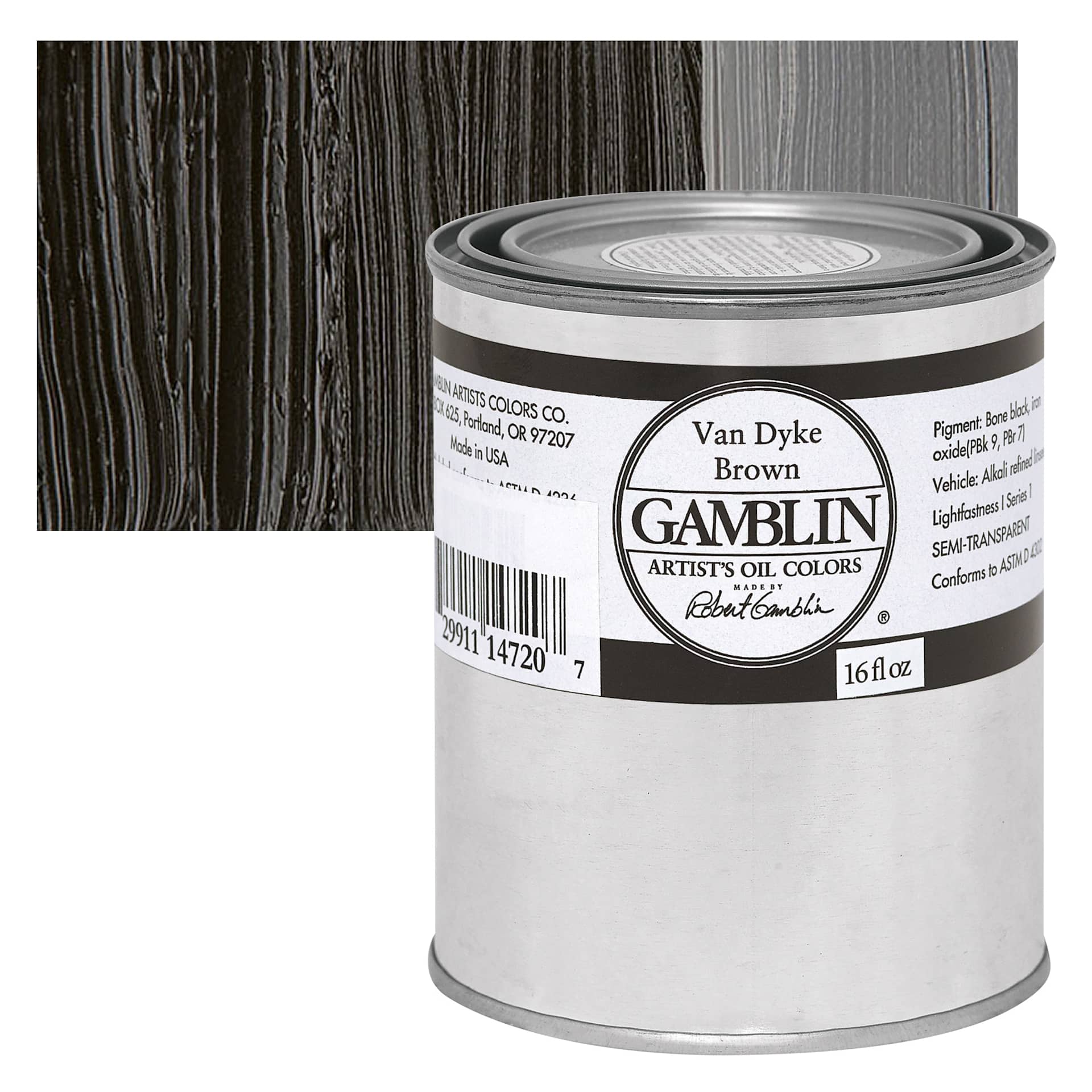 Gamblin Artist's Oil Color - Van Dyke Brown, 16 oz Can and swatch