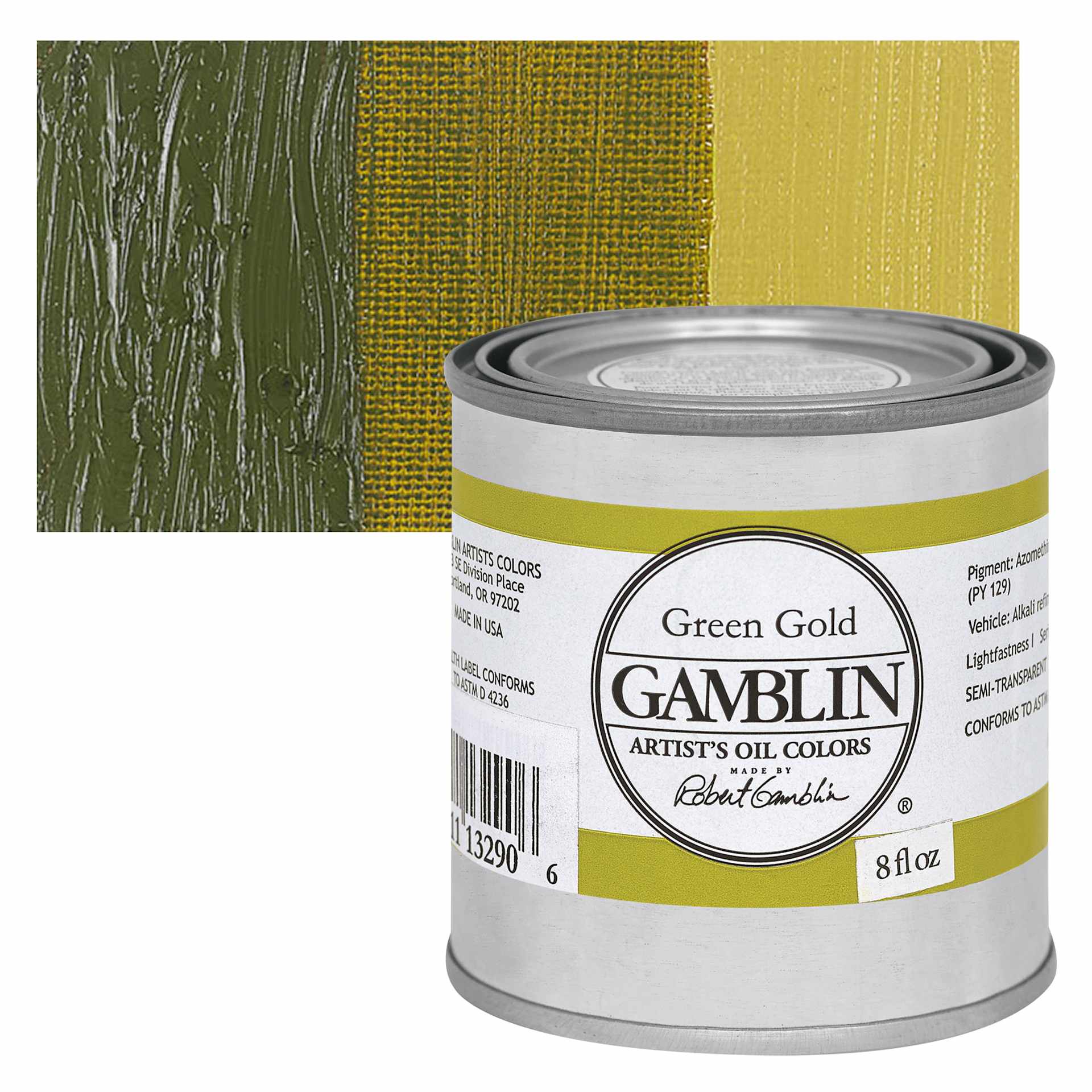 Gamblin Artist's Oil Color - Green Gold, 8 oz can and swatch
