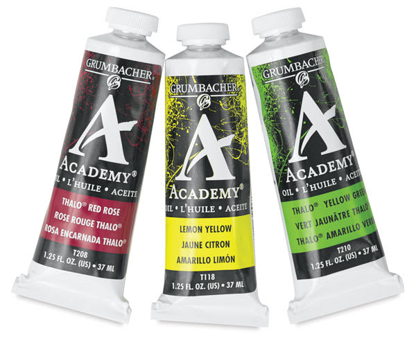 Grumbacher Academy Oil Colors - Red, Yellow and Green 37 ml tubes shown upright
