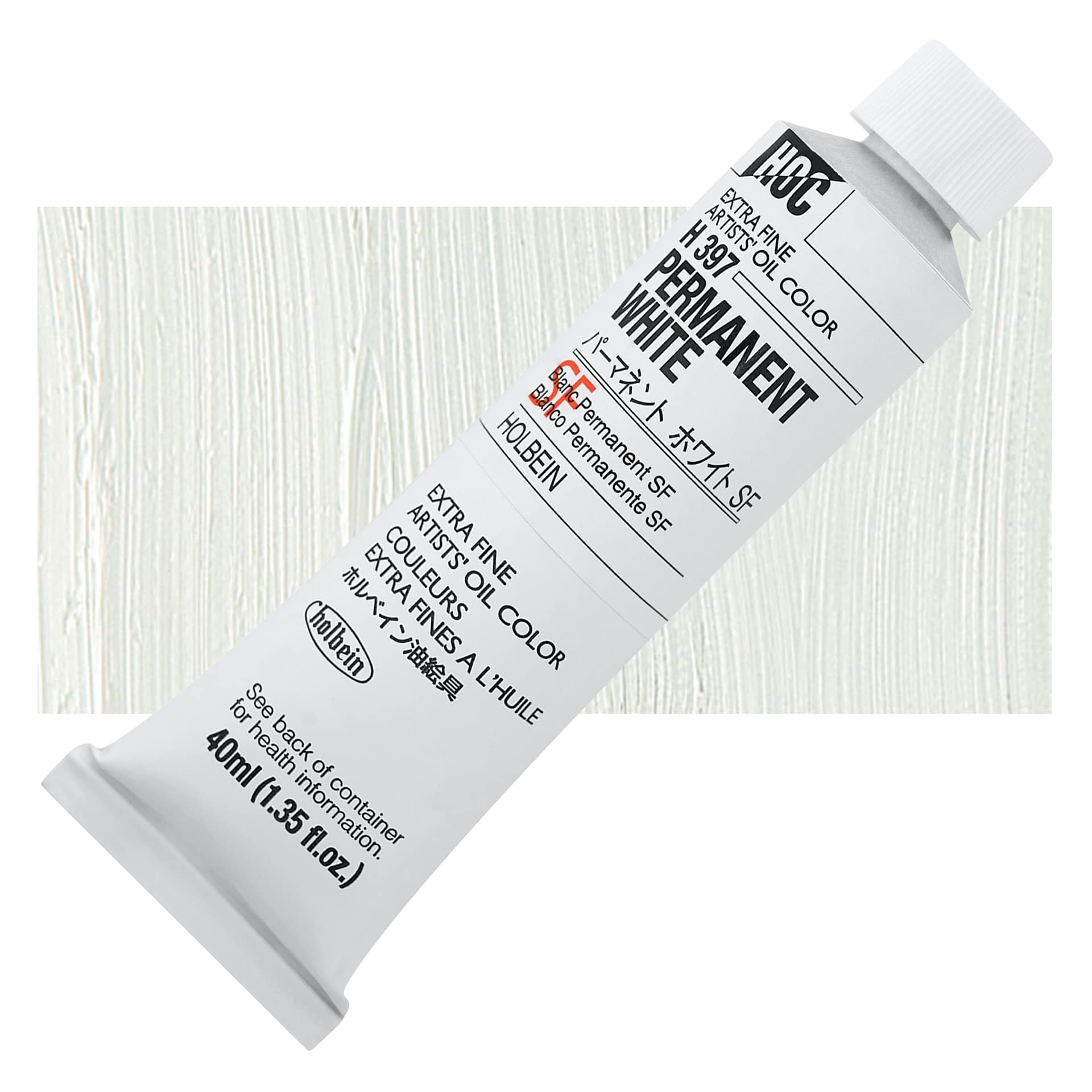 Holbein Artists' Oil Color - Permanent White SF, 40 ml tube and swatch