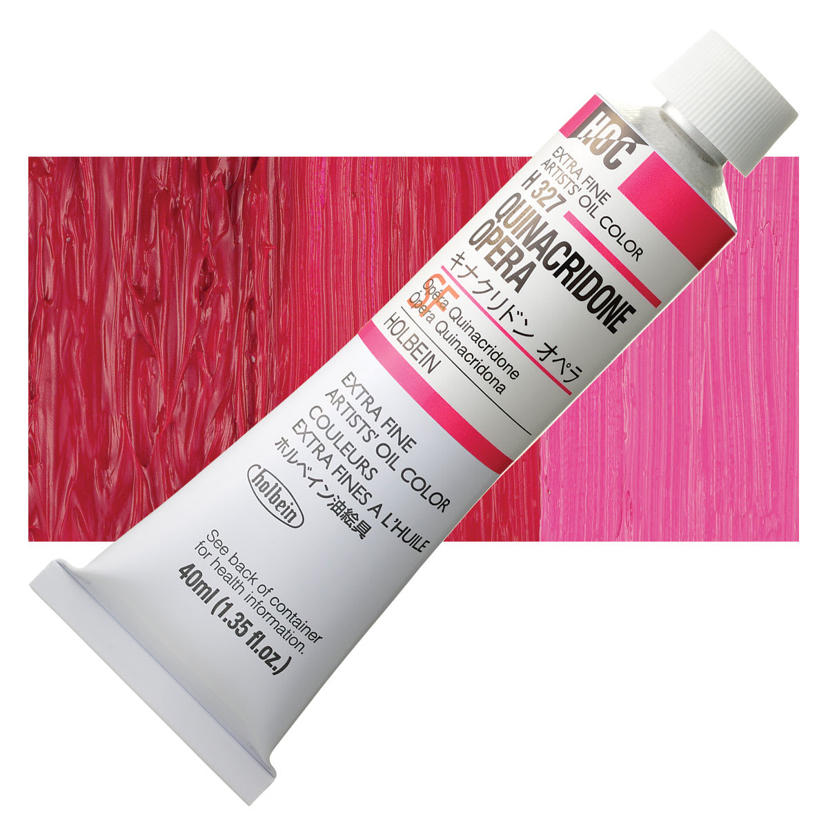 Holbein Artists' Oil Color - Quinacridone Opera, 40 ml tube and swatch