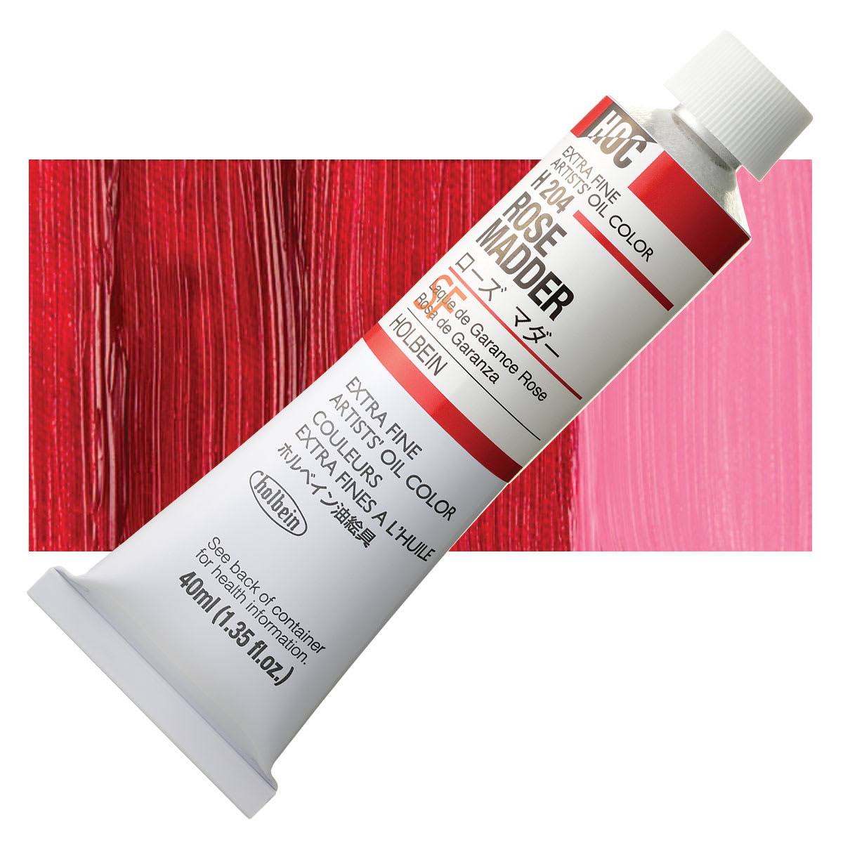 Holbein Artists' Oil Color - Rose Madder, 40 ml tube and swatch