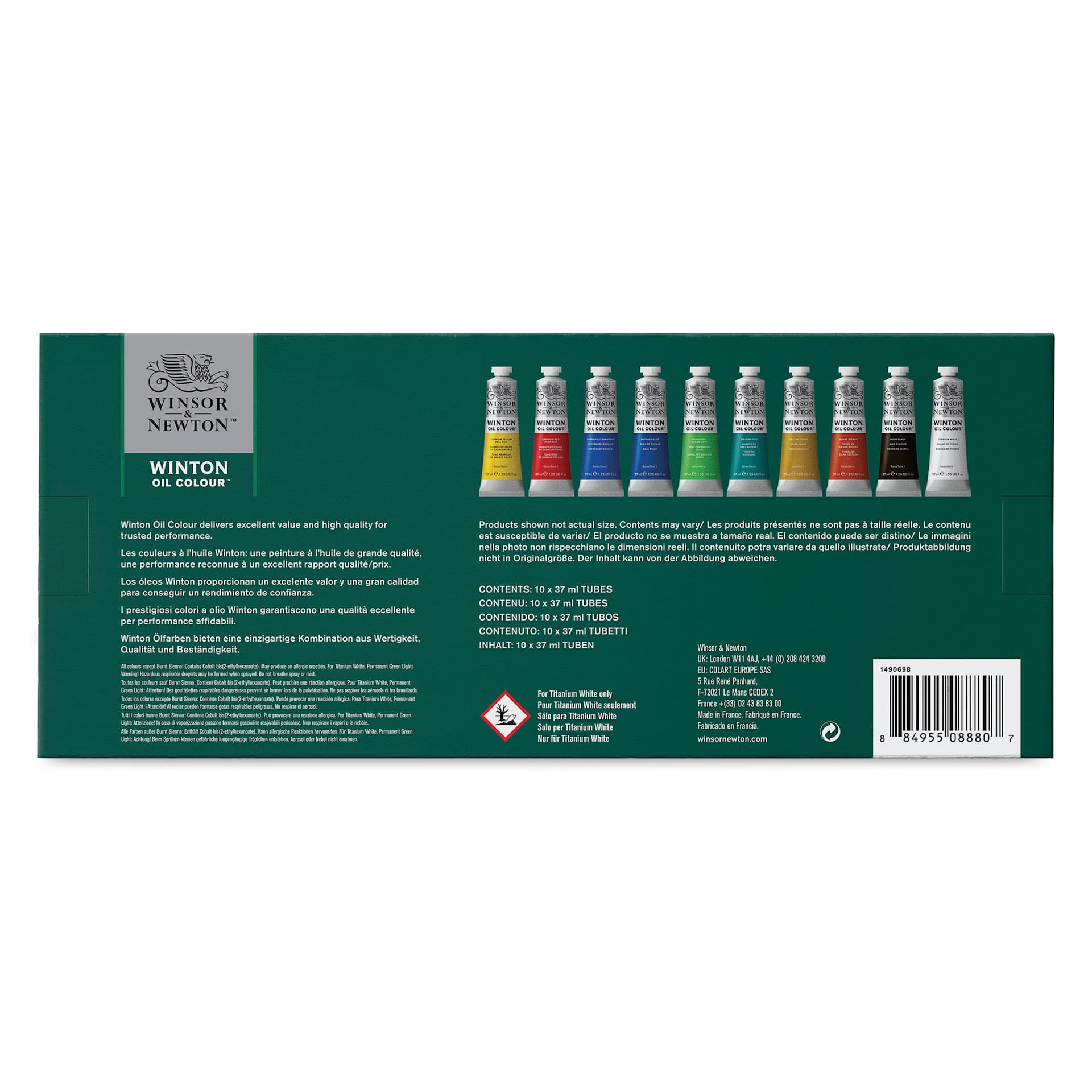 Winsor & Newton Winton Oil Paint  - Set of 10, Assorted Colors, 37 ml, Tubes, back of package