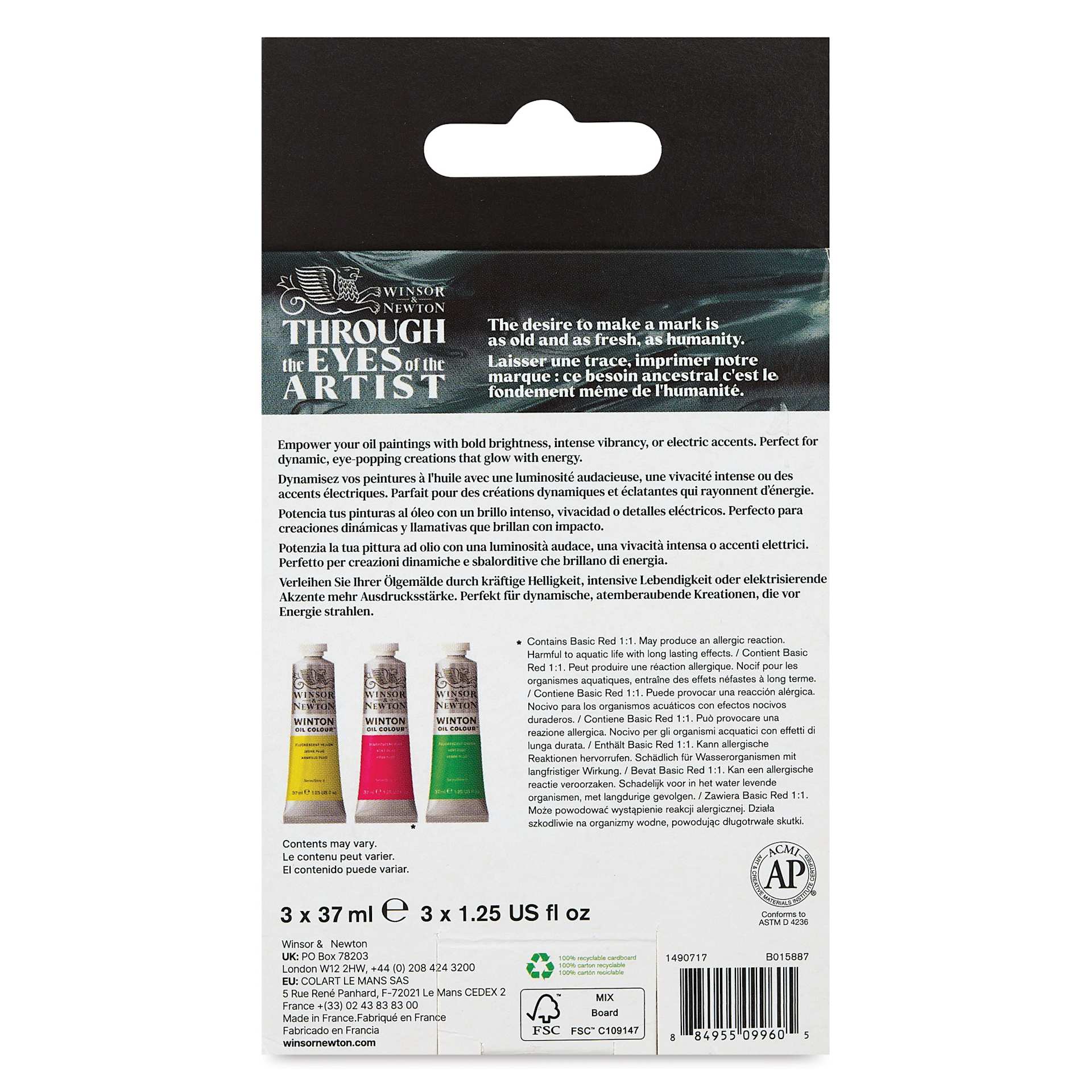 Winsor & Newton Winton Oil Colors - Set of 3, Fluorescent, 37 ml tubes, back of packaging