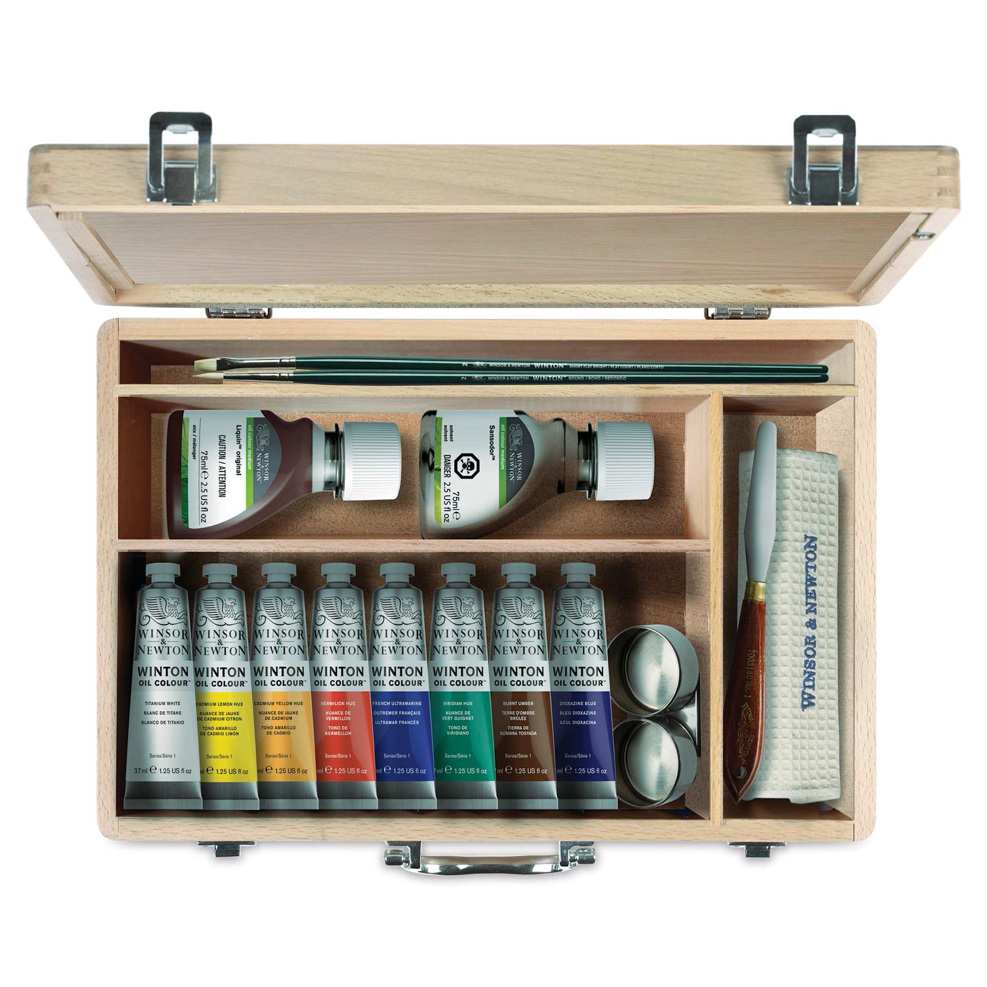 Winsor & Newton Winton Oil Colors - Set of 15 Wood Box Gift Set, Essential Colors - top view of contents