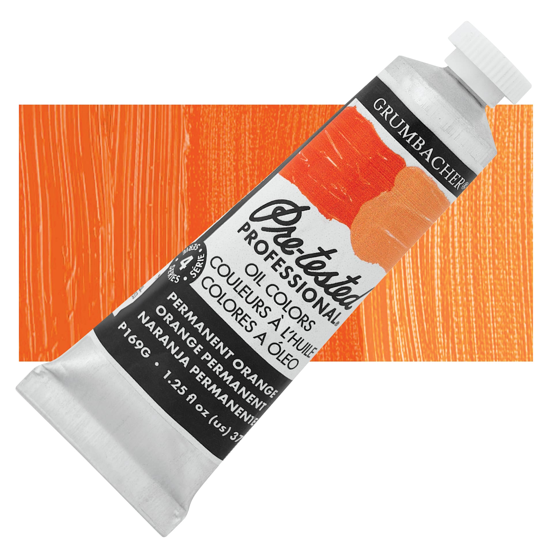 Grumbacher Pre-Tested Artists' Oil Color - Permanent Orange, 1.25 oz tube and swatch