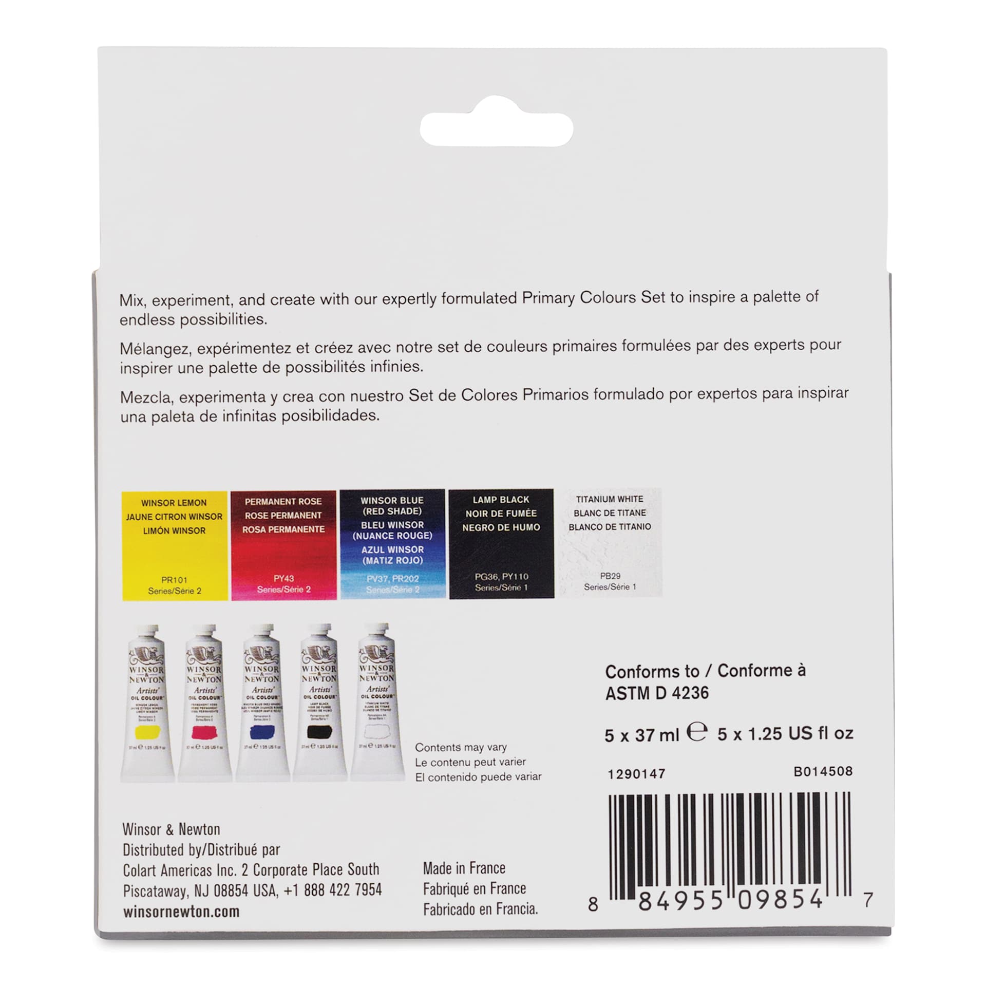 Winsor & Newton Artists' Oil Colors - Set of 5, Primary Colors, 37ml tubes back of package