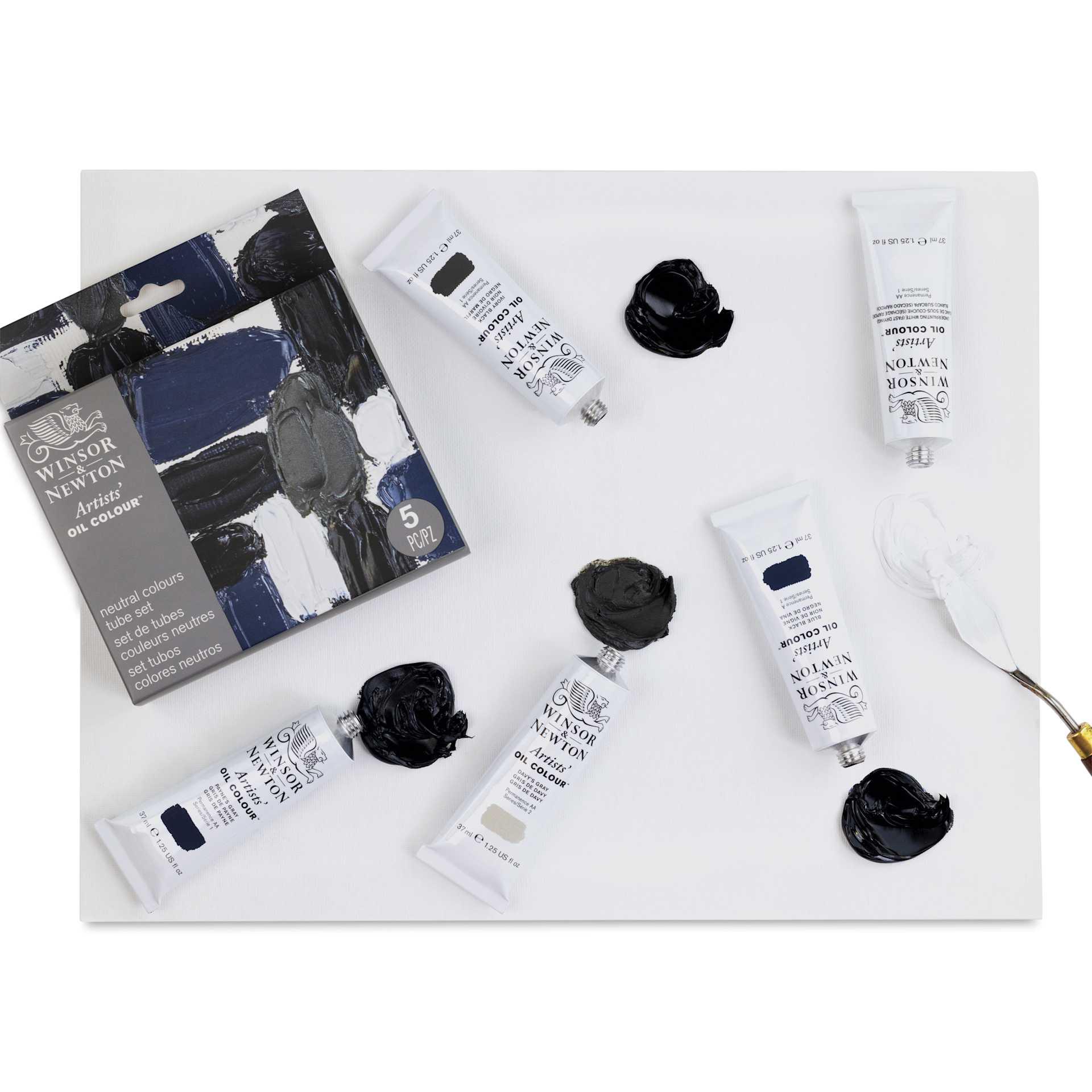 Winsor & Newton Artists' Oil Colors - Set of 5, Neutral Colors, 37ml tubes on a palette with knife (not included)