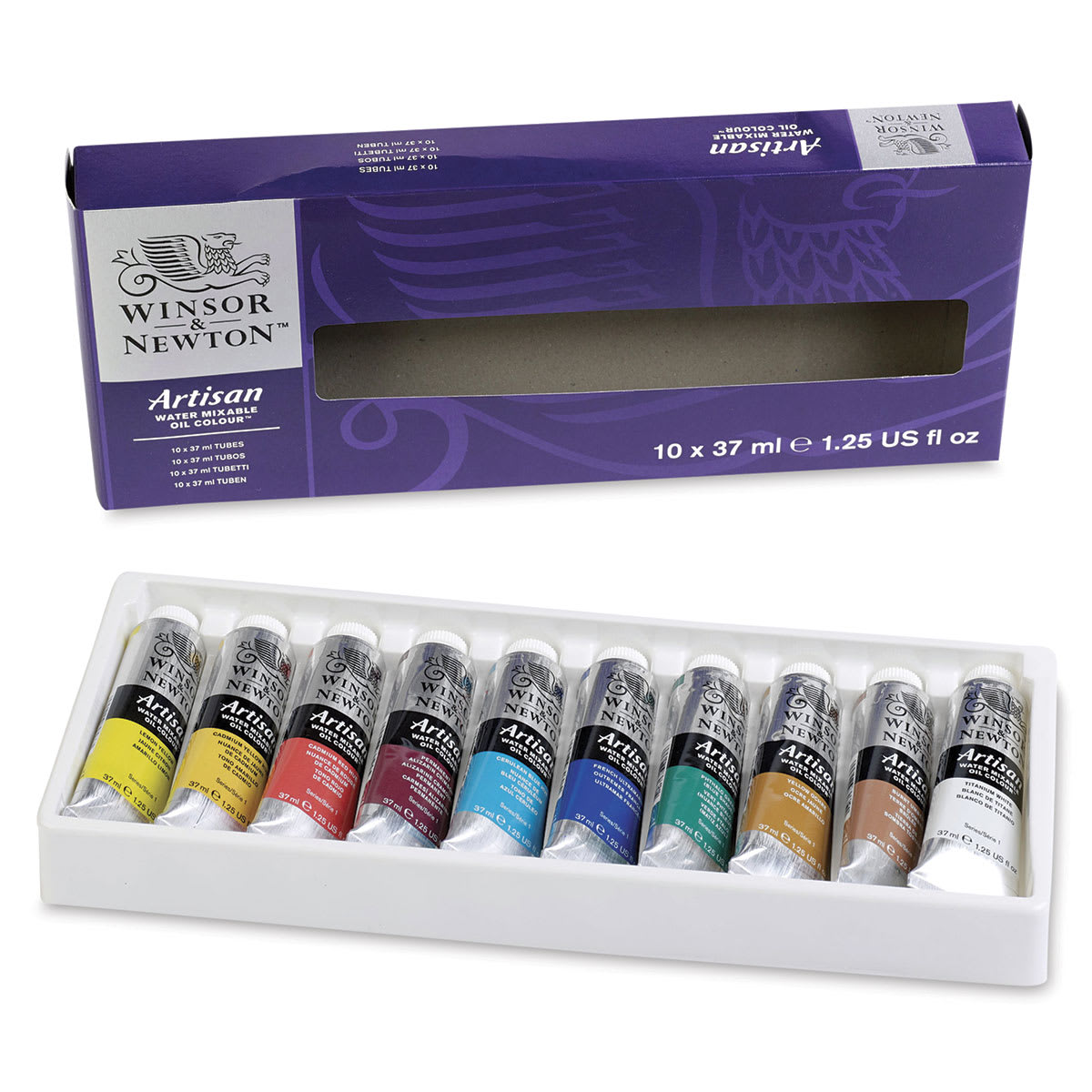 Winsor & Newton Artisan Water Mixable Oil Paint - 10 37 ml Tubes shown in open tray with package