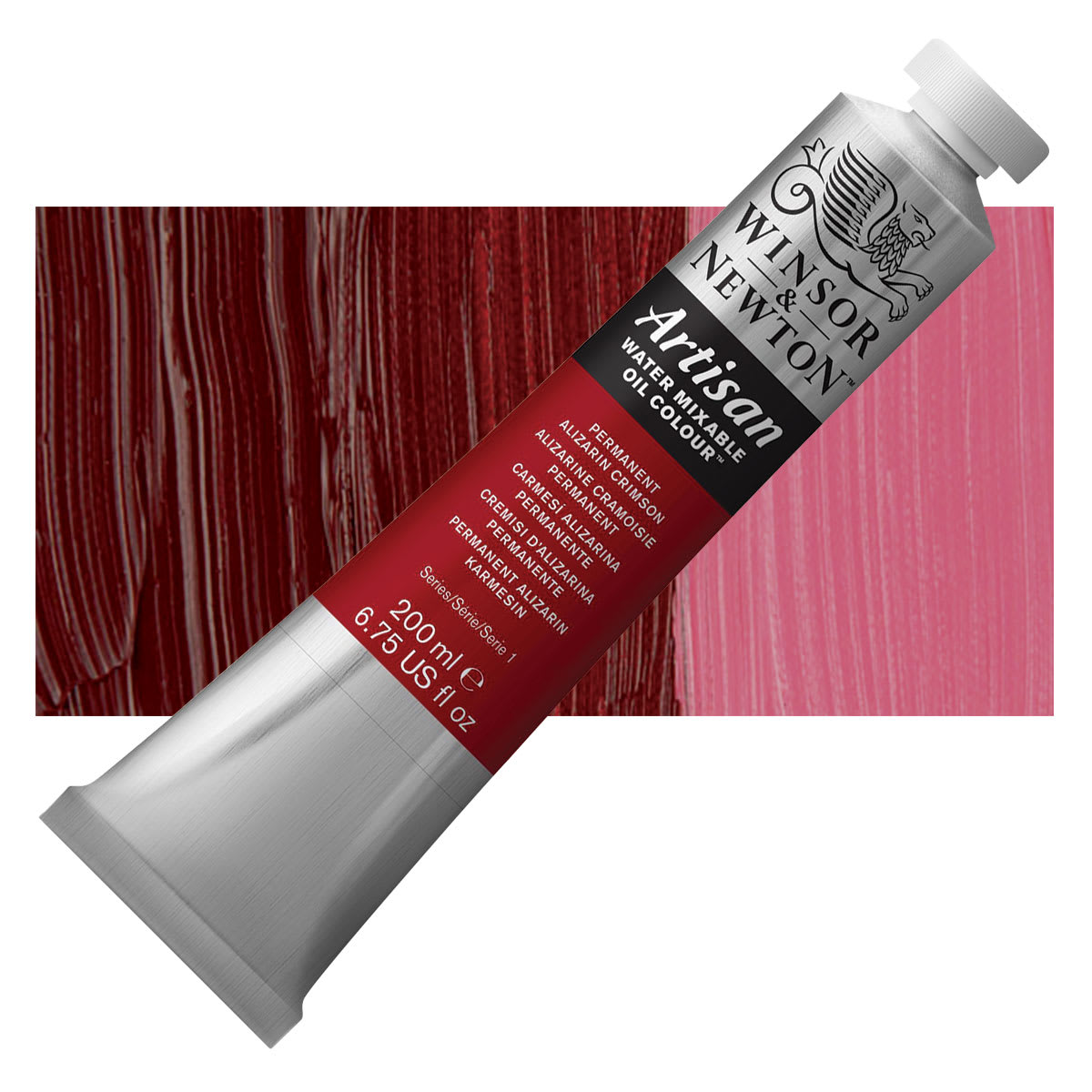 Winsor & Newton Artisan Water Mixable Oil Paint - Permanent Alizarin Crimson, 200 ml tube and swatch