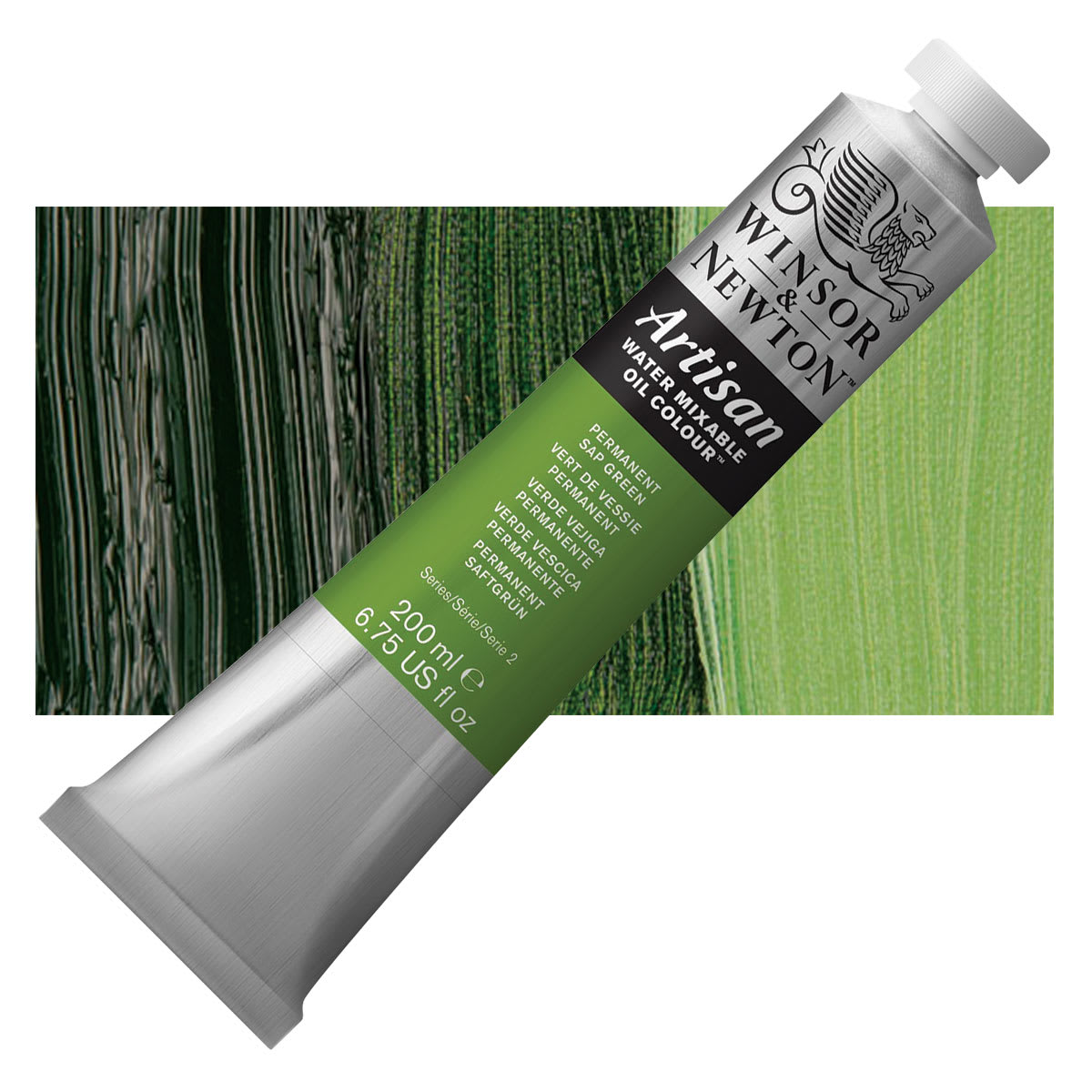 Winsor & Newton Artisan Water Mixable Oil Paint - Permanent Sap Green, 200 ml tube and swatch