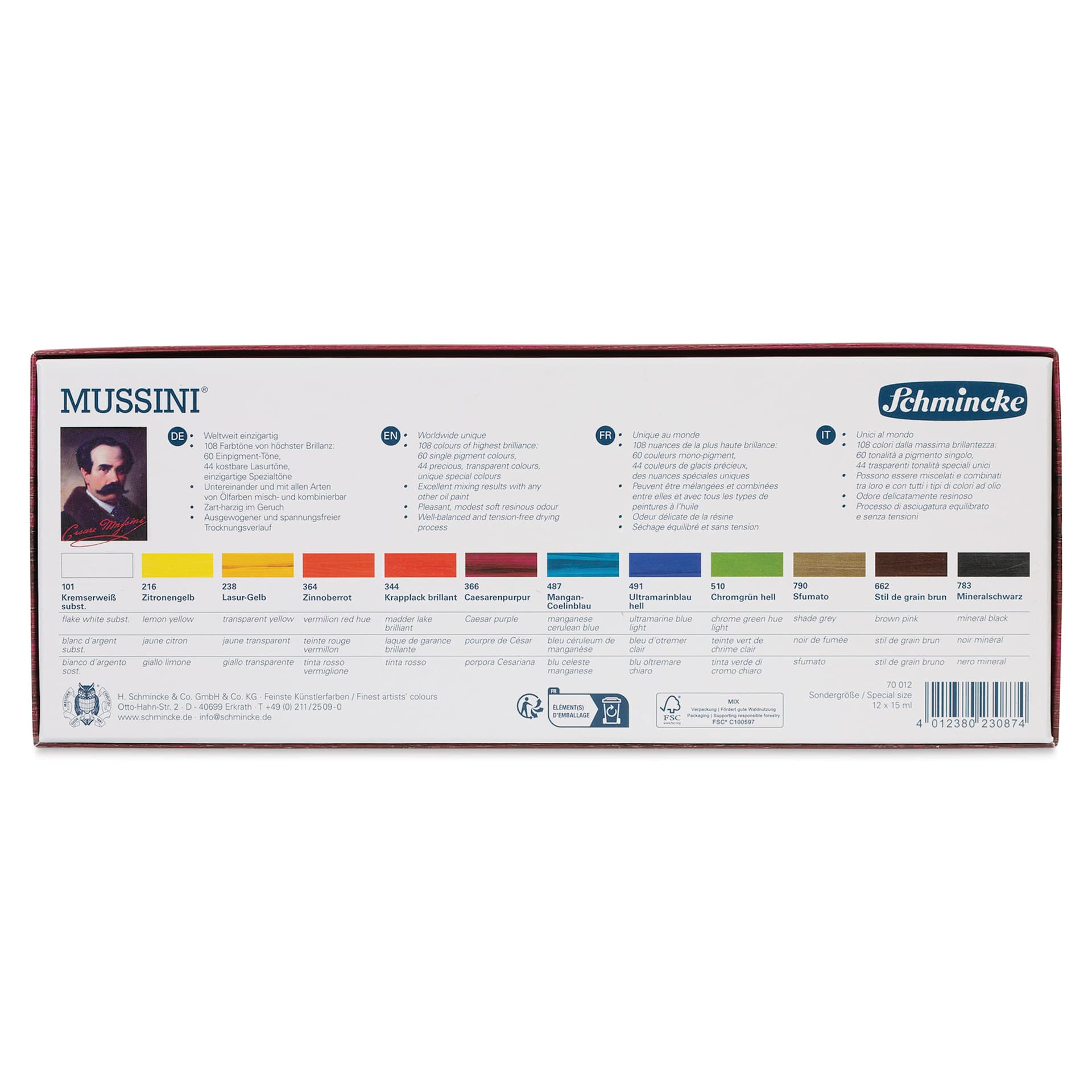 Back of Schmincke Mussini Oil Color - Set of 12, Assorted Colors package