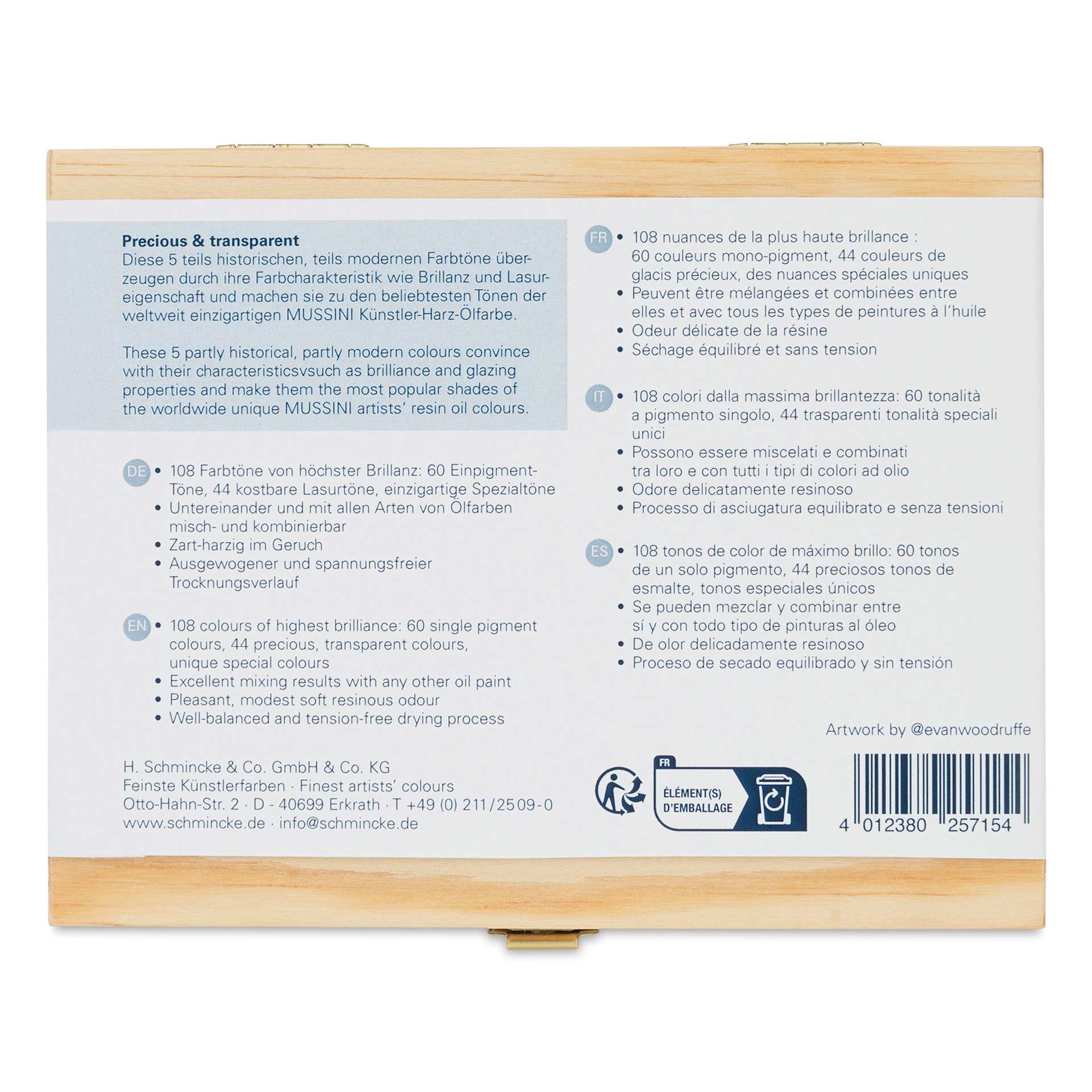 Back of Schmincke Mussini Oil Color - Set of 5, Wood Box, Assorted Colors package