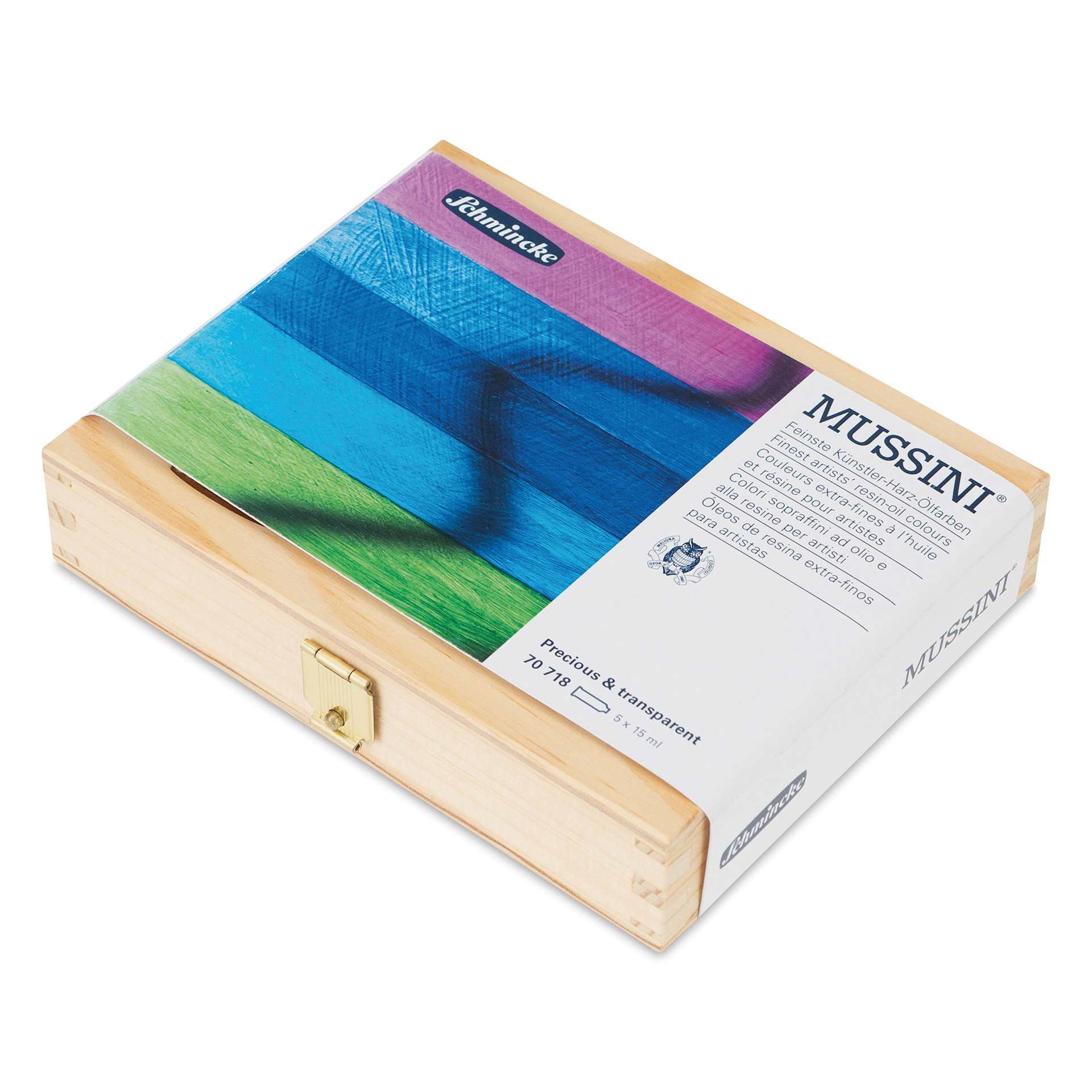 Front of Schmincke Mussini Oil Color - Set of 5, Wood Box, Assorted Colors packaging