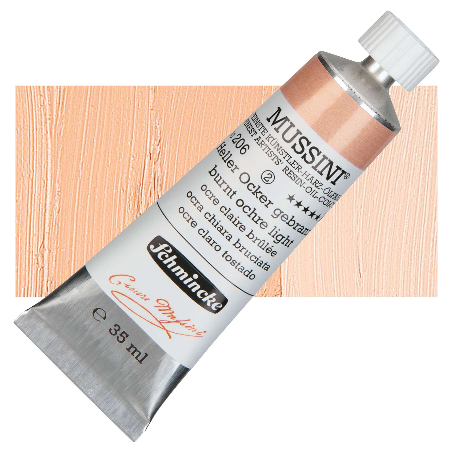 Schmincke Mussini Oil Color - Burnt Ochre Light, 35 ml tube and swatch
