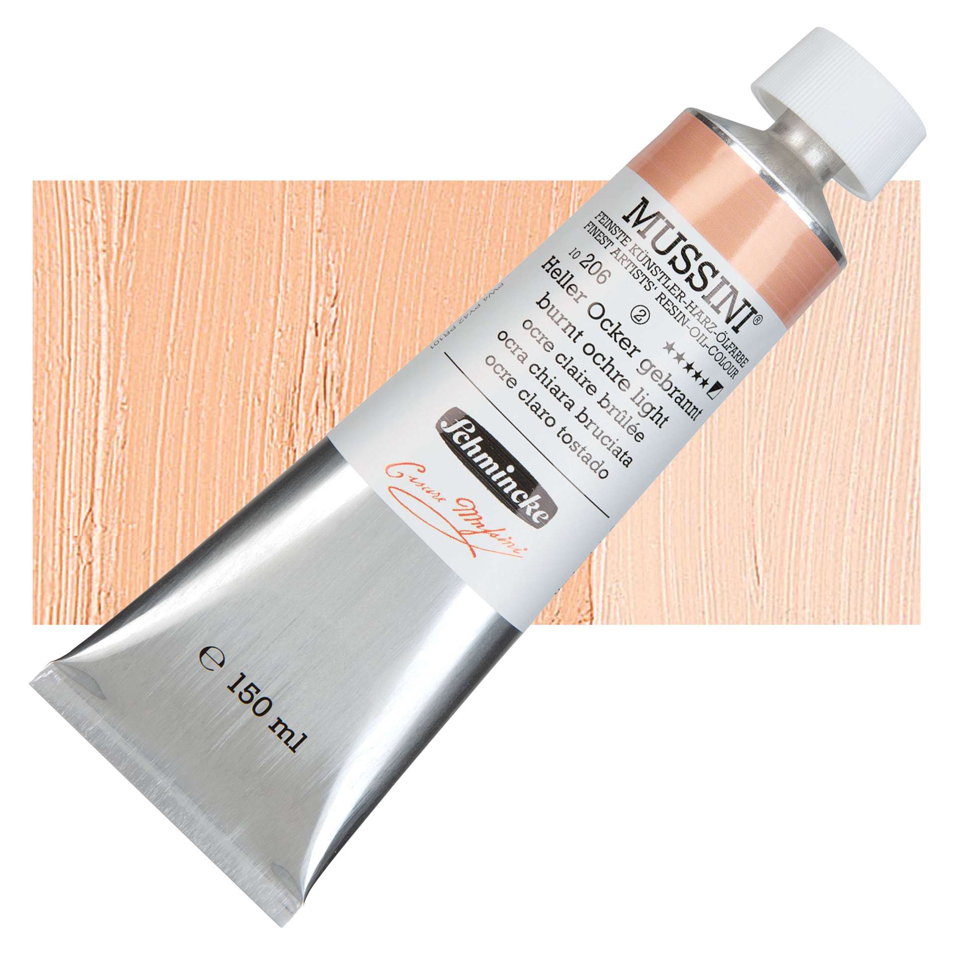 Schmincke Mussini Oil Color - Burnt Ochre Light, 150 ml tube and swatch