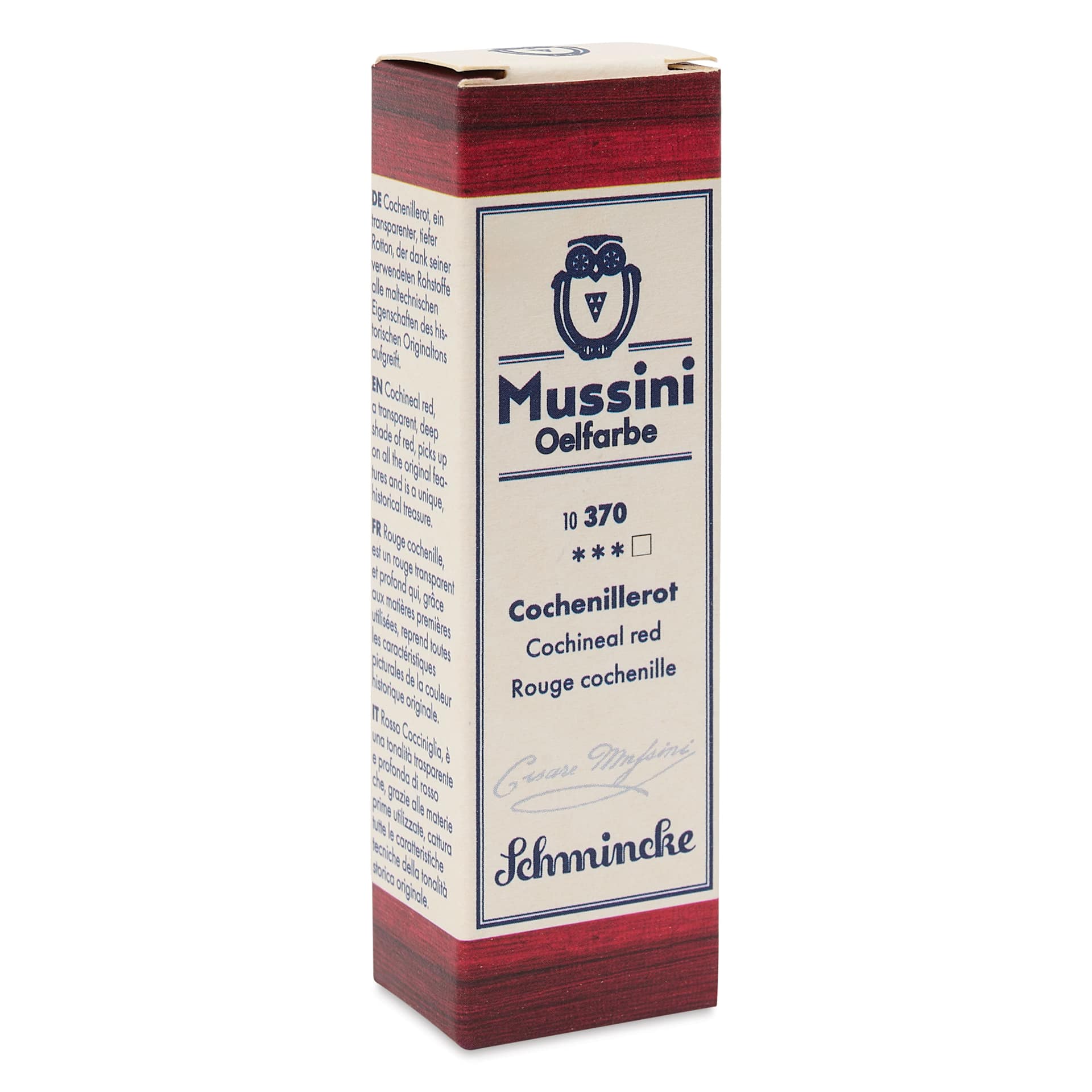 Schmincke Mussini Oil Color - Cochineal Red, 15 ml tube frong of package