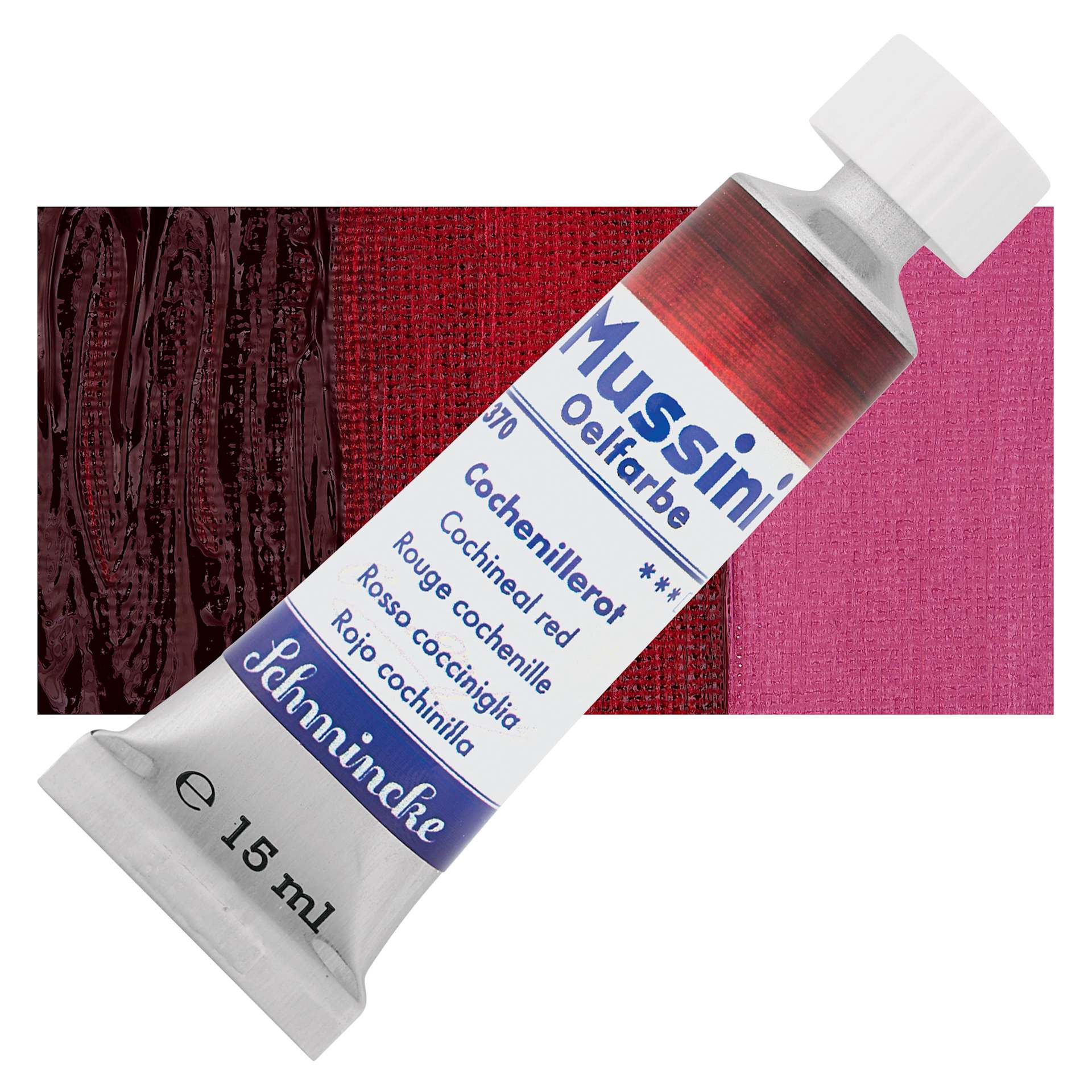 Schmincke Mussini Oil Color - Cochineal Red, 15 ml tube and swatch