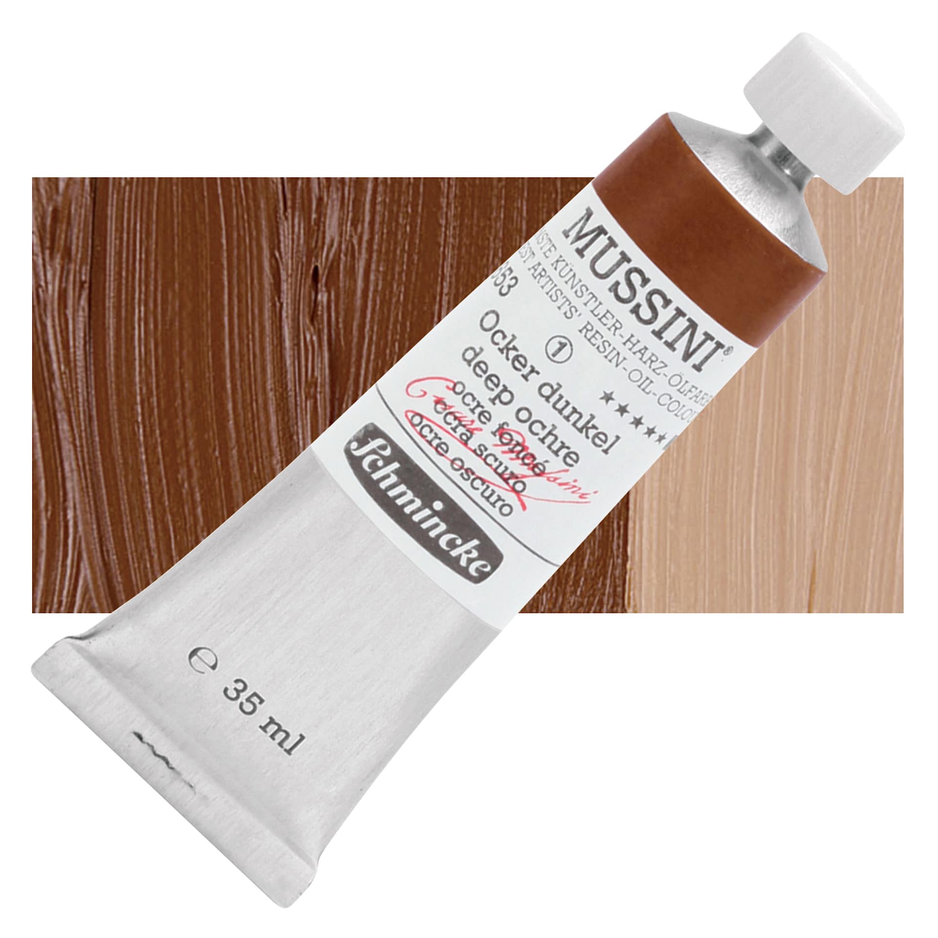 Schmincke Mussini Oil Color - Deep Ochre, 35 ml tube and swatch