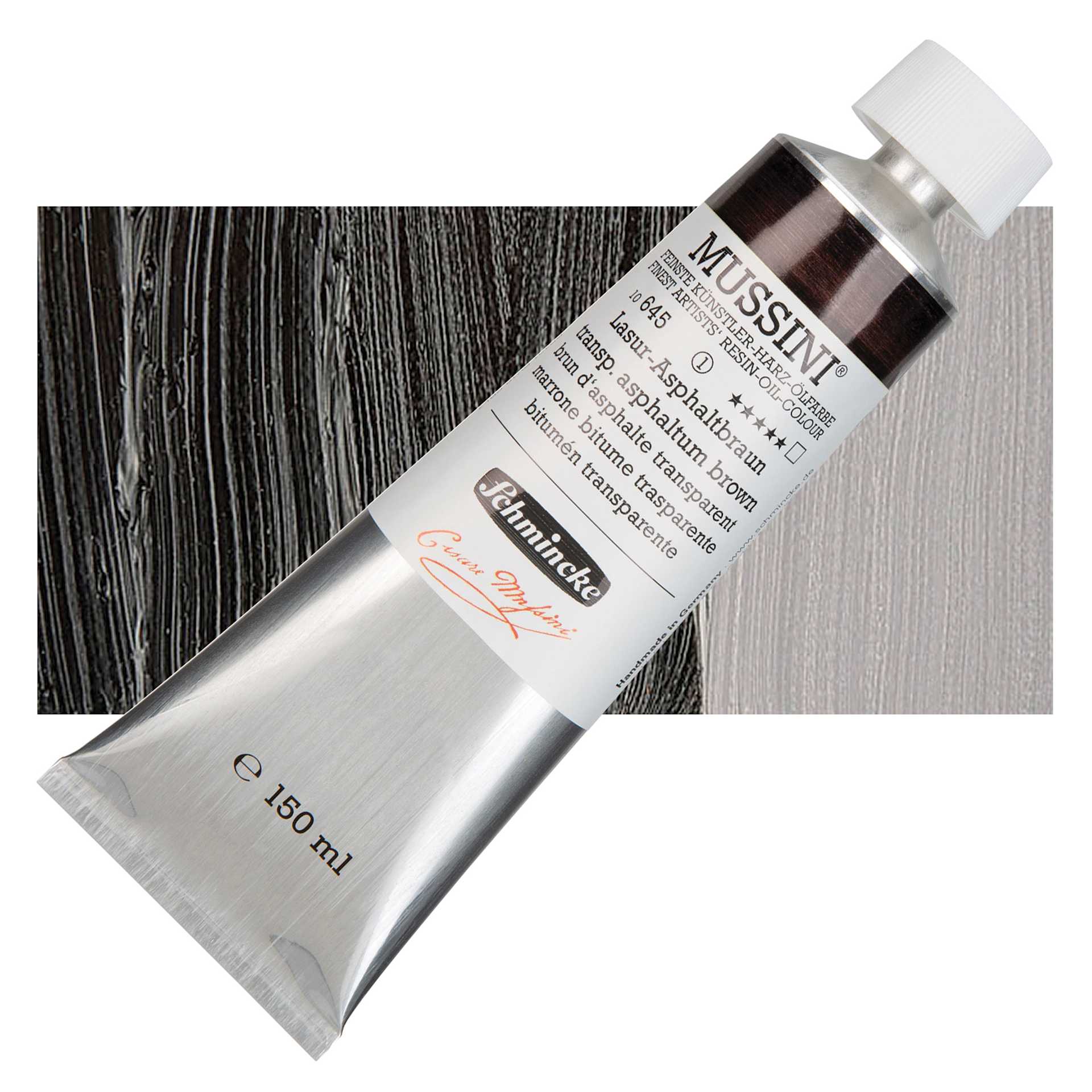 Schmincke Mussini Oil Color - Asphaltum Brown Translucent, 150 ml tube and swatch