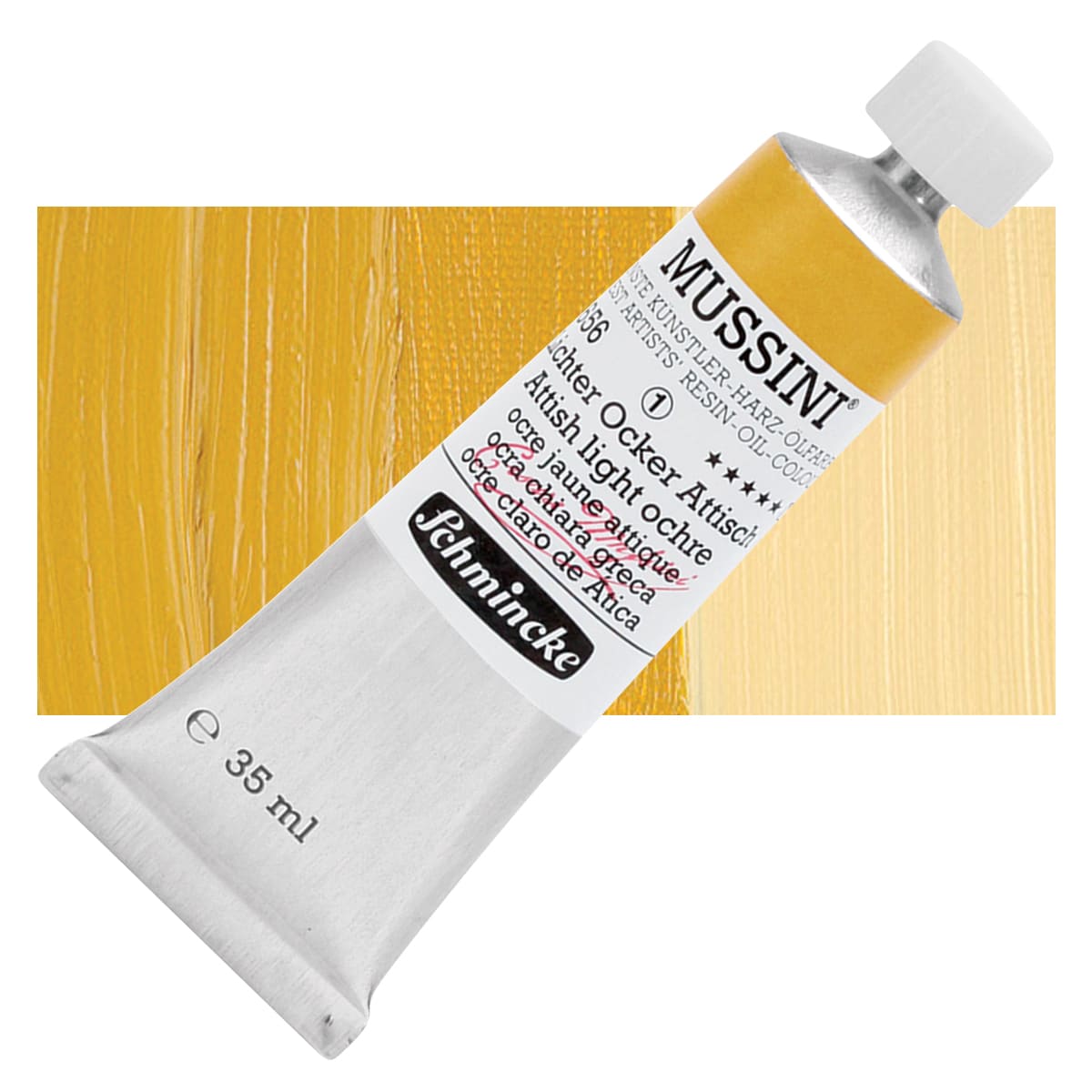 Schmincke Mussini Oil Color - Attish Light Ochre, 35 ml Tube and swatch