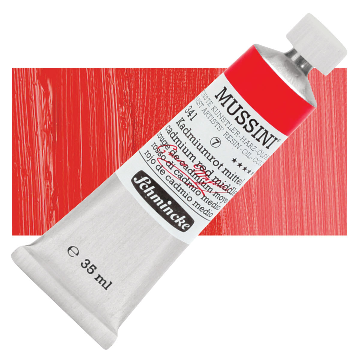 Schmincke Mussini Oil Color - Cadmium Red Middle, 35 ml tube and swatch