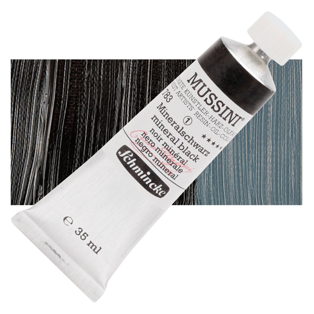Schmincke Mussini Oil Color - MineralBlack, 35 ml tube and swatch