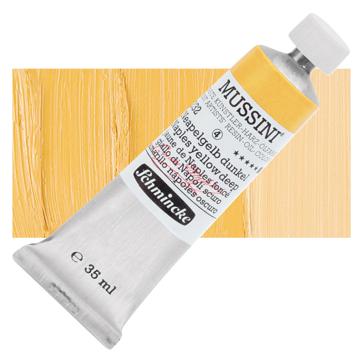 Schmincke Mussini Oil Color - Naples Yellow Deep, 35 ml tube and swatch