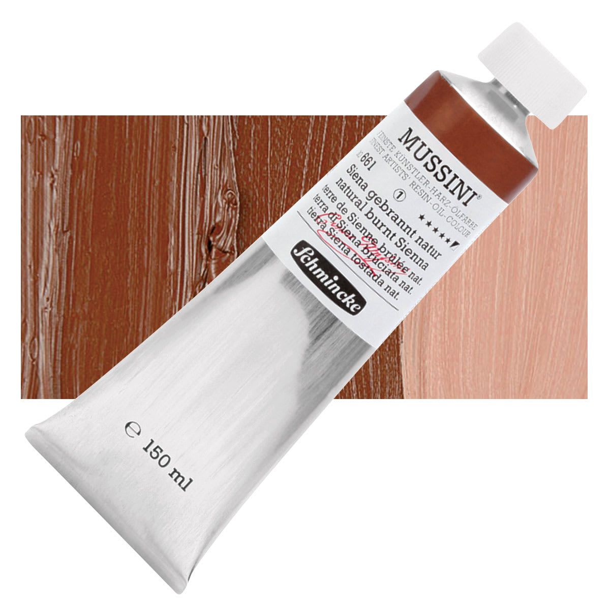 Schmincke Mussini Oil Color - Natural Burnt Sienna, 150 ml Tube and swatch