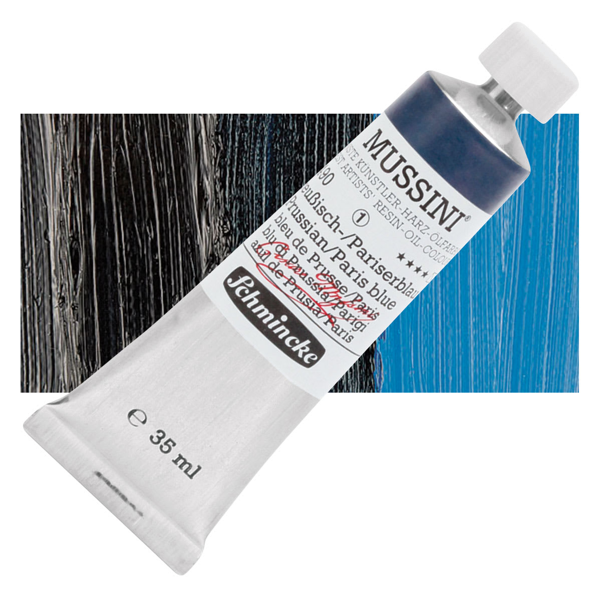 Schmincke Mussini Oil Color - Prussian Paris Blue, 35 ml tube and swatch