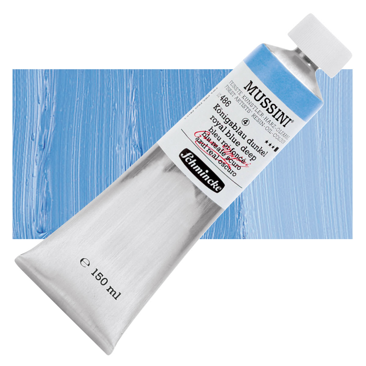 Schmincke Mussini Oil Color - Royal Blue Deep , 150 ml tube and swatch