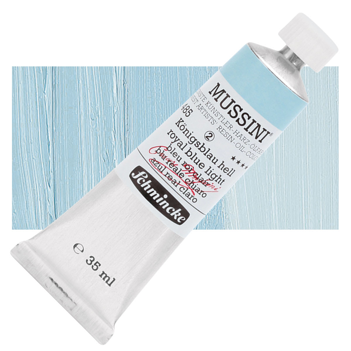 Schmincke Mussini Oil Color - Royal Blue Light, 35 ml tube and swatch