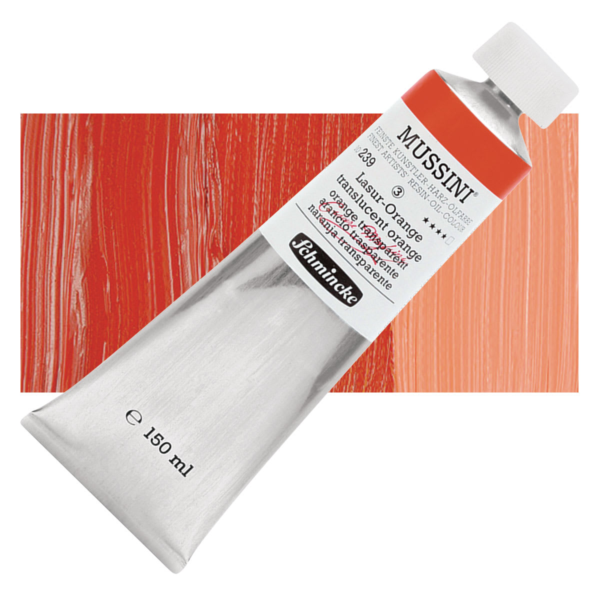 Schmincke Mussini Oil Color - Translucent Orange, 150 ml tube and swatch