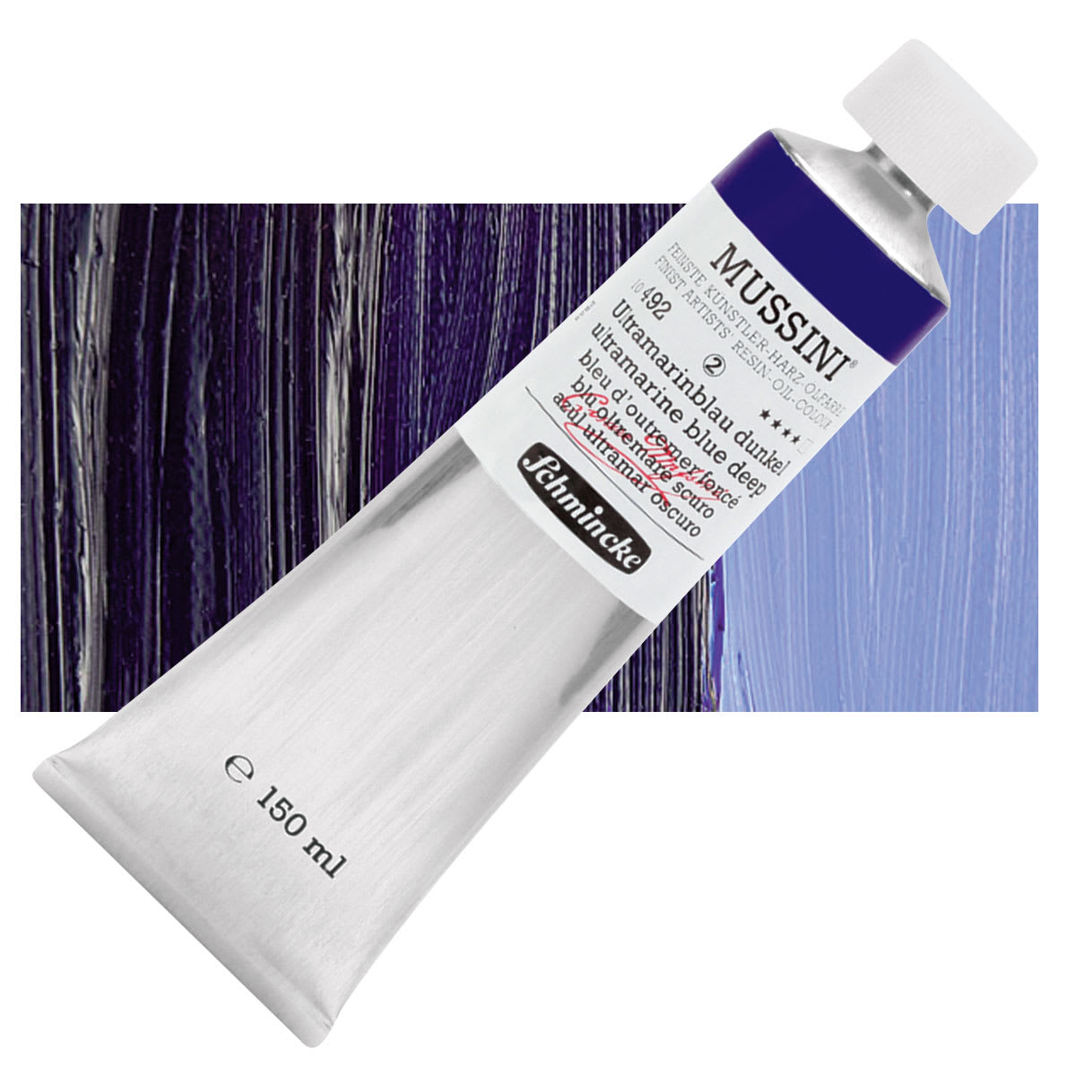 Schmincke Mussini Oil Color - Ultramarine Blue Deep, 150 ml tube and swatch