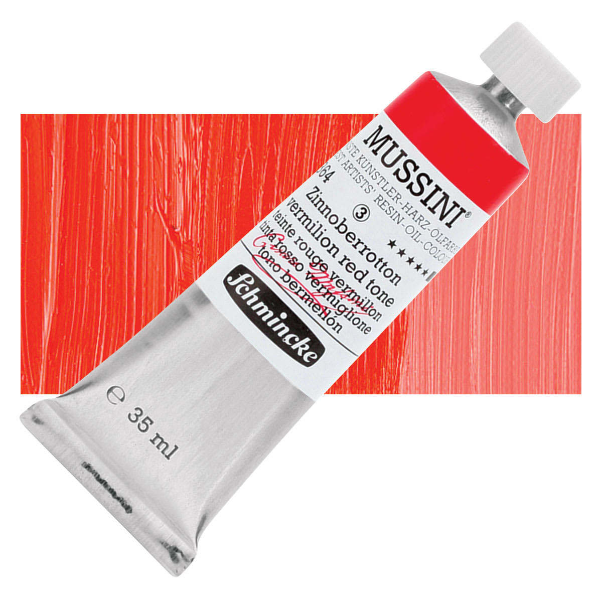 Schmincke Mussini Oil Color - Vermilion Red Tone, 35 ml tube and swatch