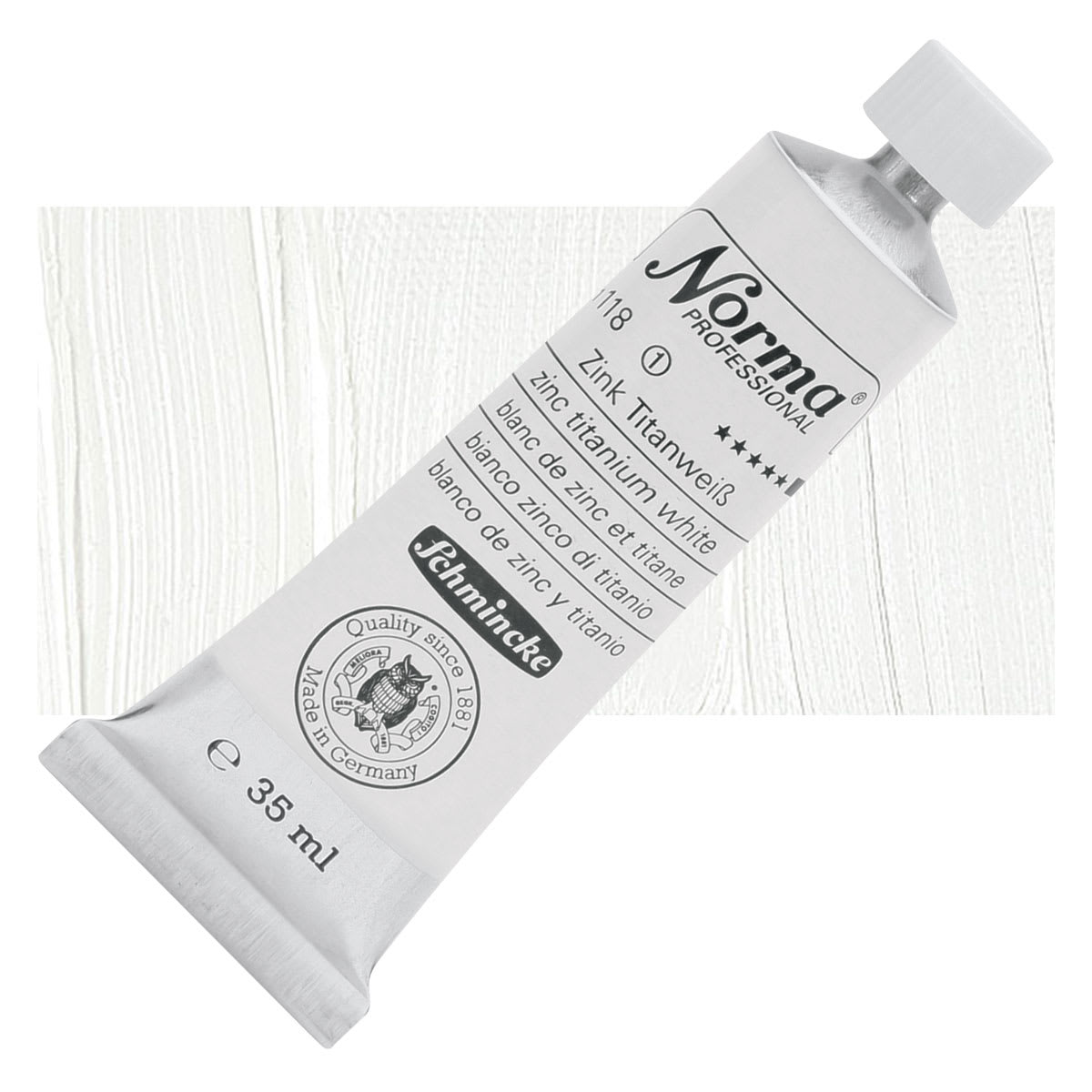 Schmincke Norma Professional Oil Paint - Zinc Titanium White, 35 ml, Tube and swatch