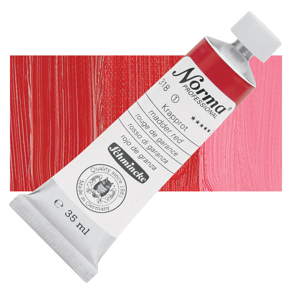 Schmincke Norma Professional Oil Paint - Madder Red, 35 ml, Tube and swatch