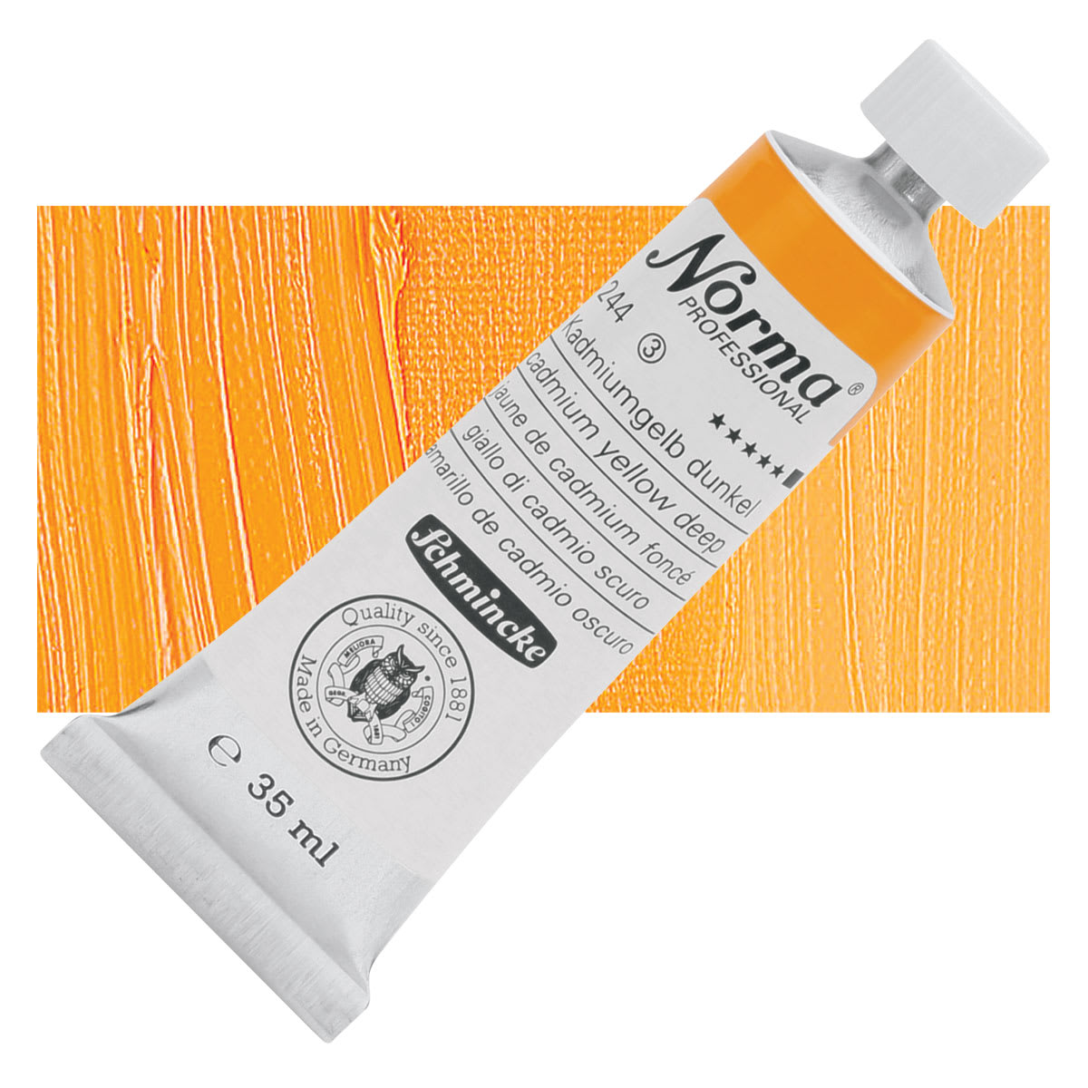 Schmincke Norma Professional Oil Paint - Cadimum Yellow Deep, 35 ml, Tube and swatch