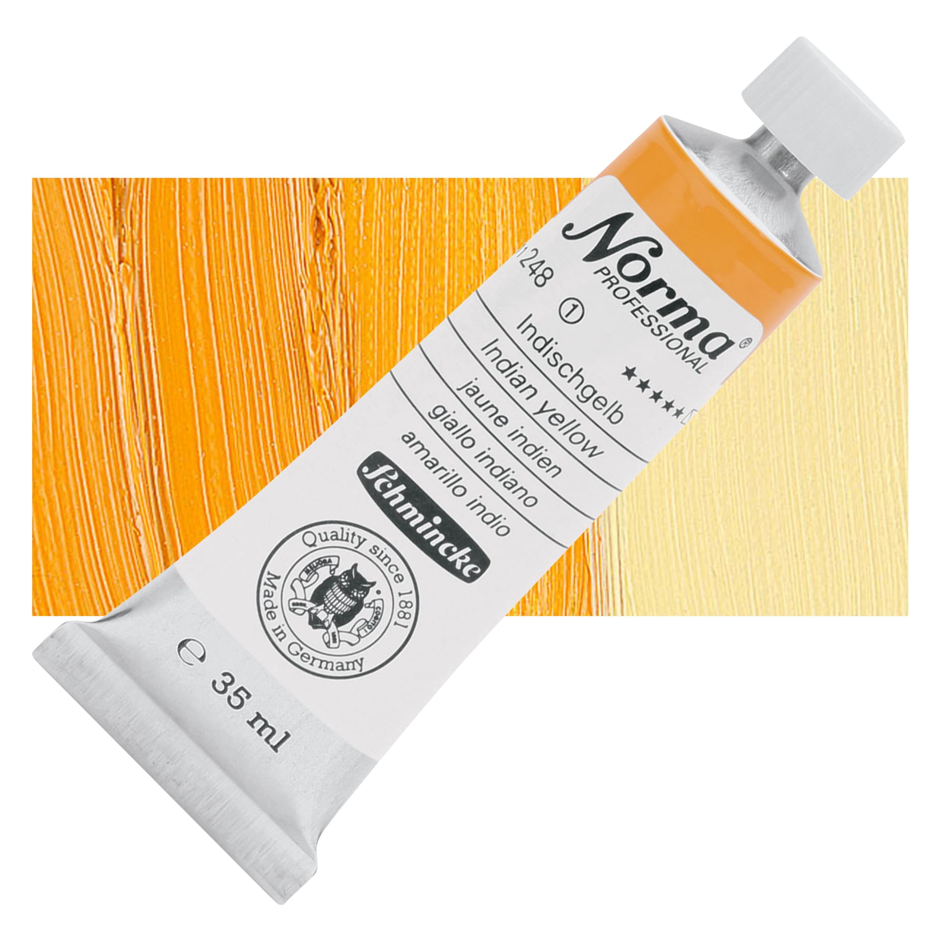 Schmincke Norma Professional Oil Paint - Indian Yellow, 35 ml, Tube and swatch