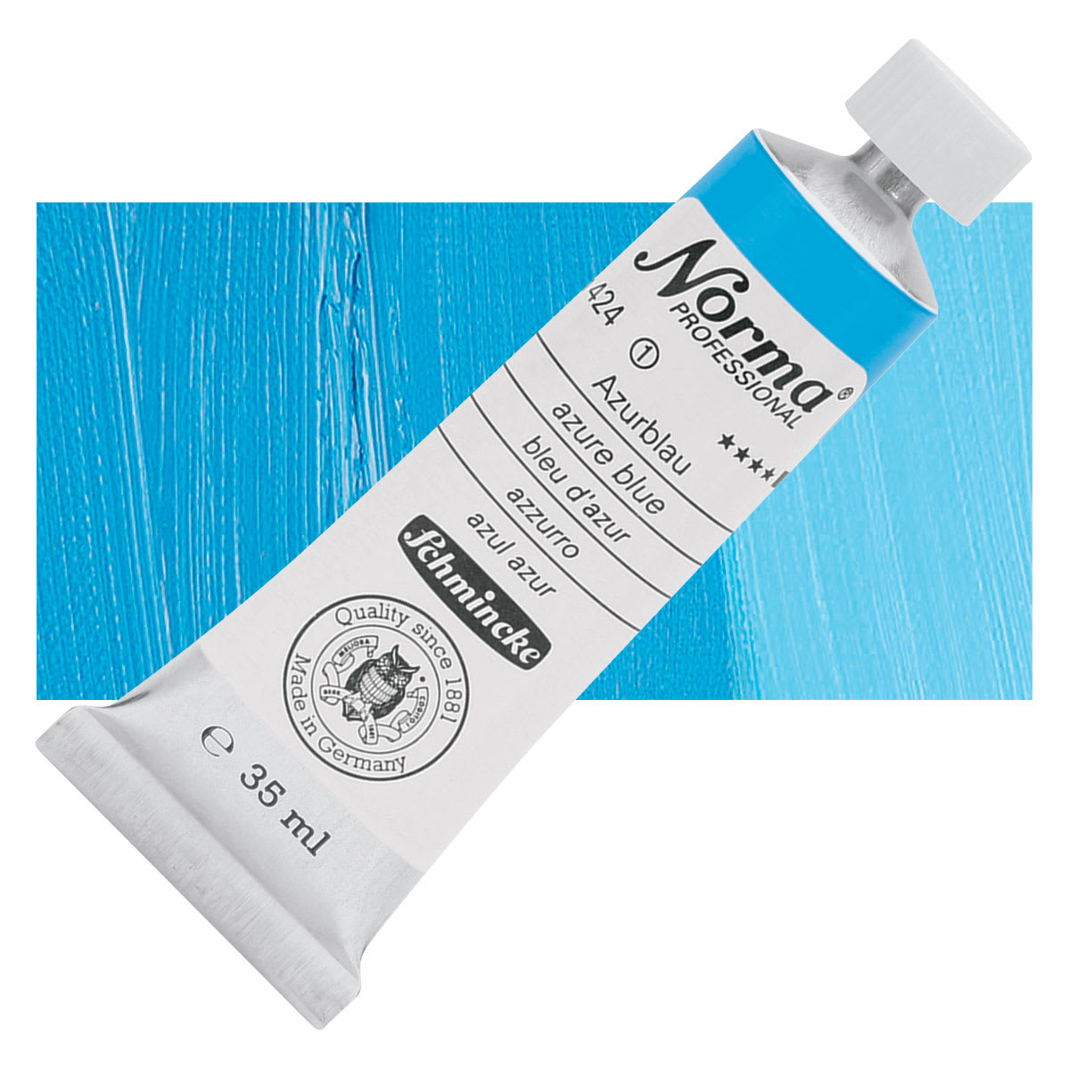 Schmincke Norma Professional Oil Paint - Azure Blue, 35 ml, Tube and swatch