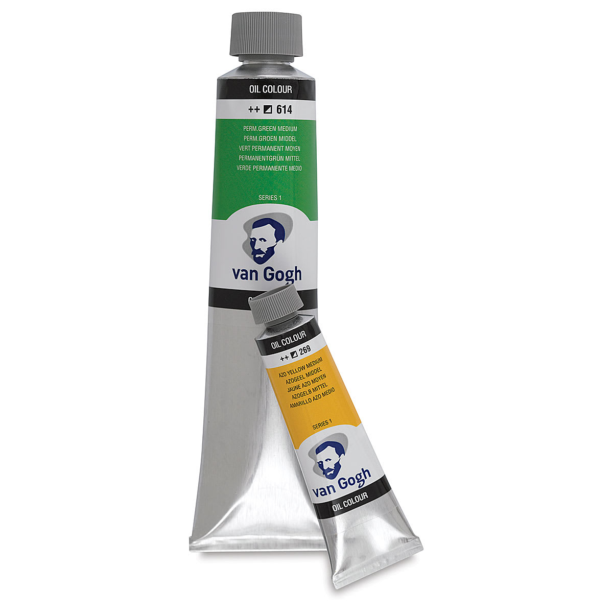 Van Gogh Oil Paints - 40 ml Yellow and 200 ml Green Tubes shown upright