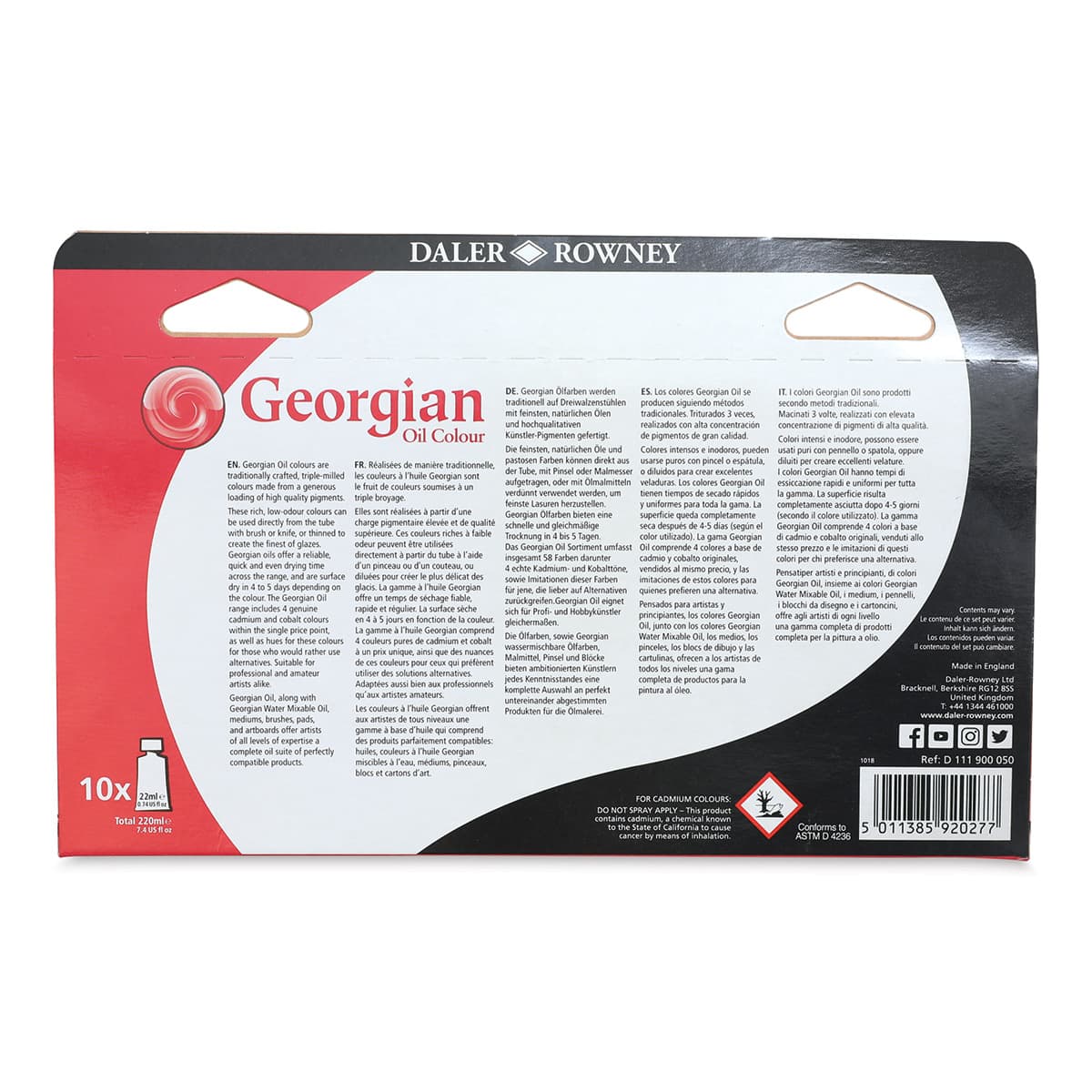 Daler-Rowney Georgian Oil Paint - Introduction Set of 10, 22 ml, Tubes (Back of packaging)