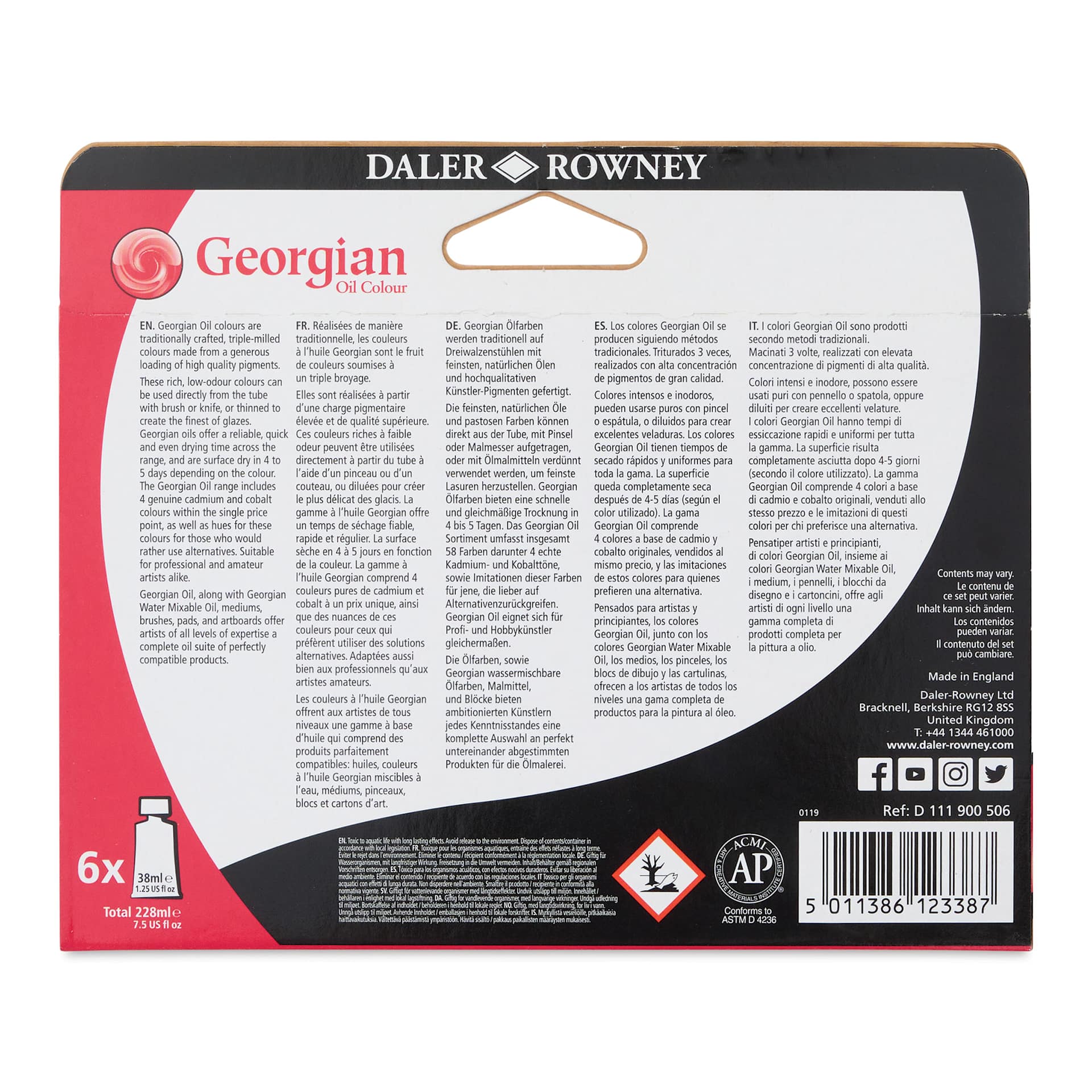 Daler-Rowney Georgian Oil Paint - Mixing Set of 6, 38 ml, Tubes back of package
