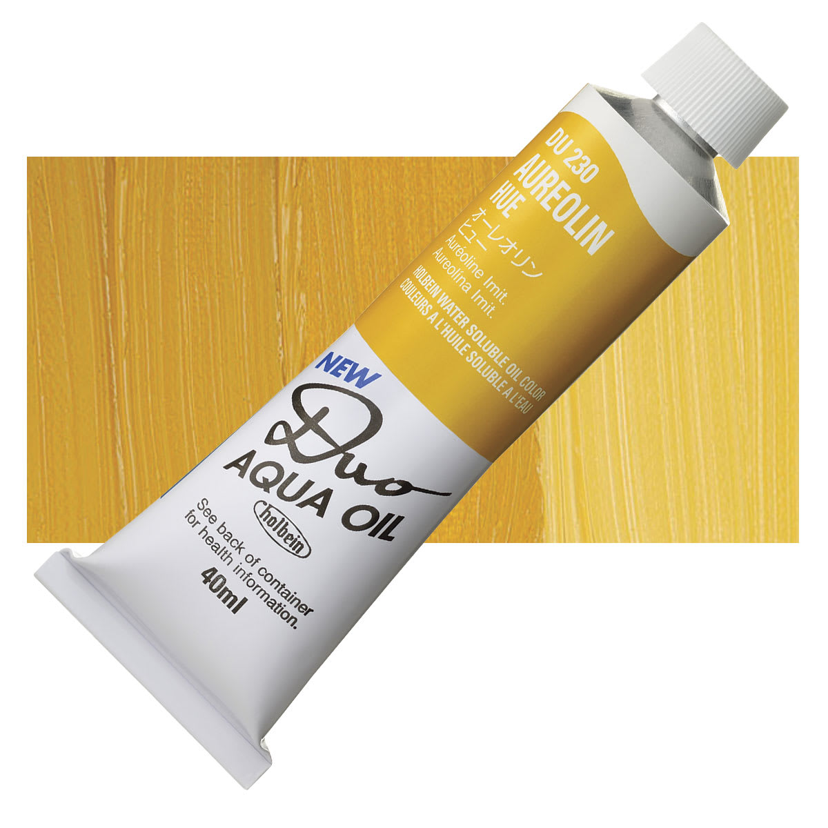 Holbein Duo Aqua Water Soluble Oil - Aureolin Hue, 40 ml tube and swatch